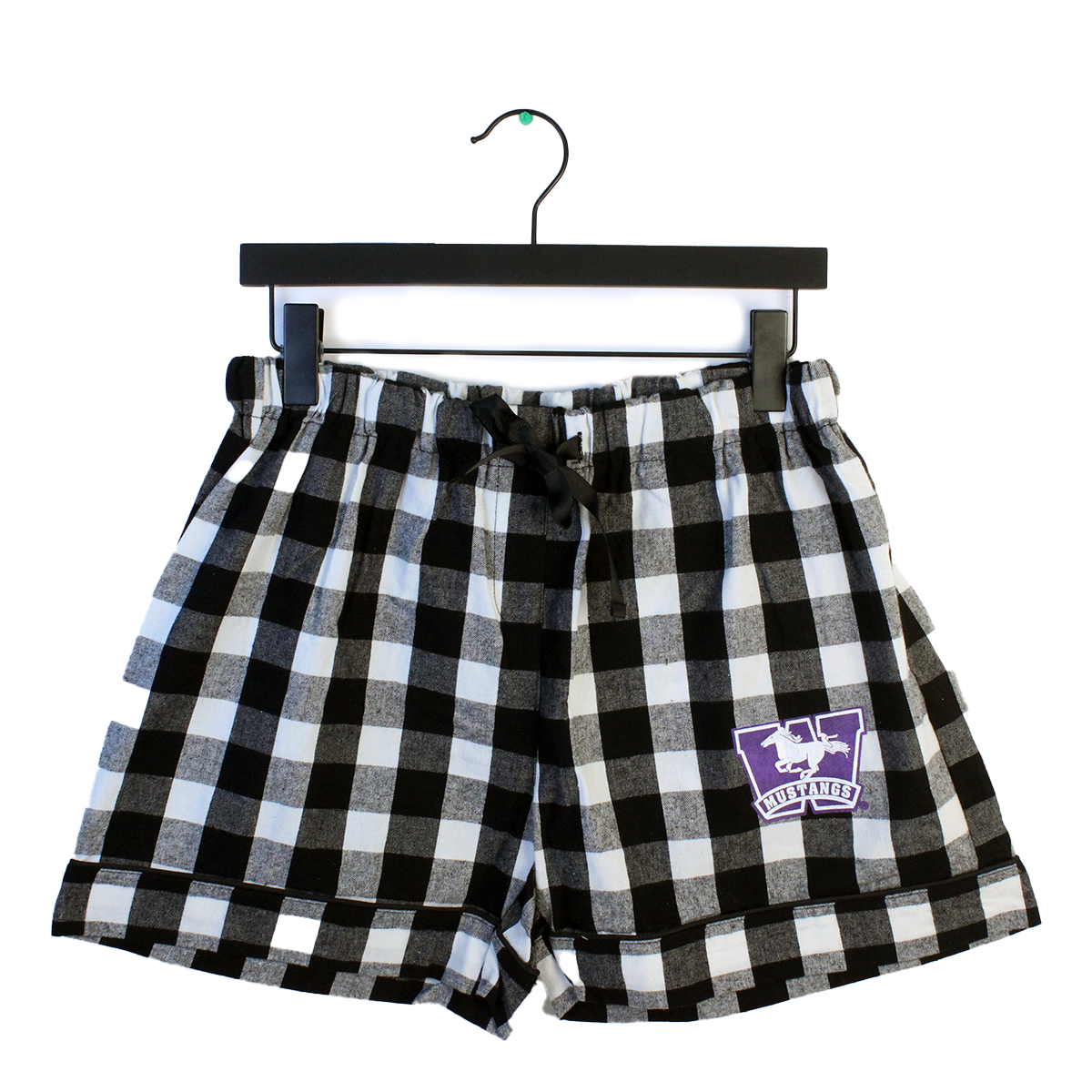Black and white gingham patterned pajama shorts with a purple and white mustangs logo on the right side.