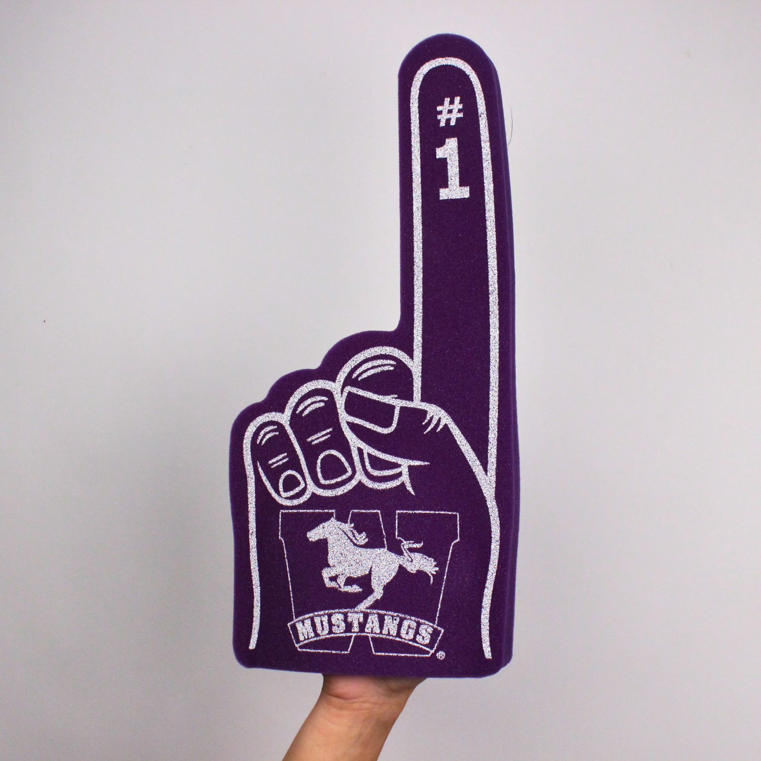 Purple foam finger with Western Mustangs logo.