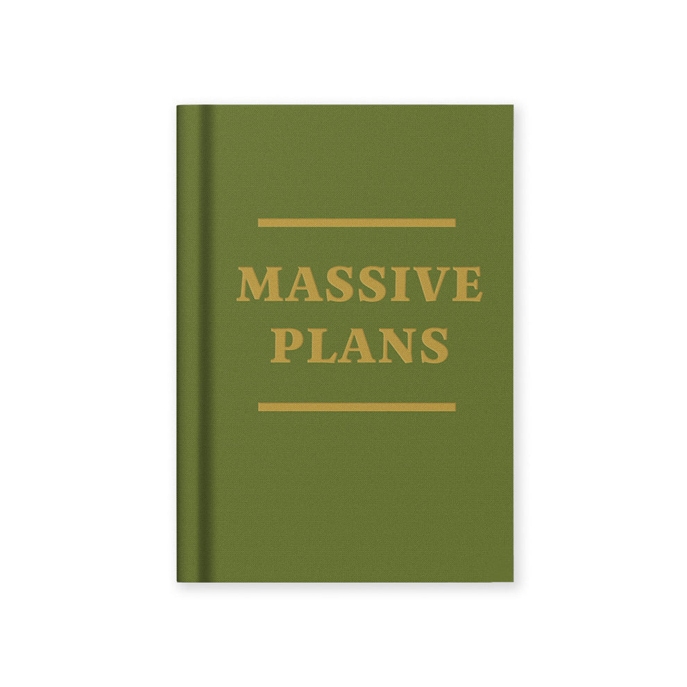 green notebook with gold text 'massive plans'