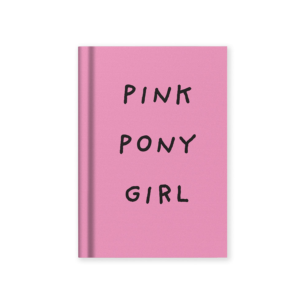 Pink notebook with black text 'pink pony girl'