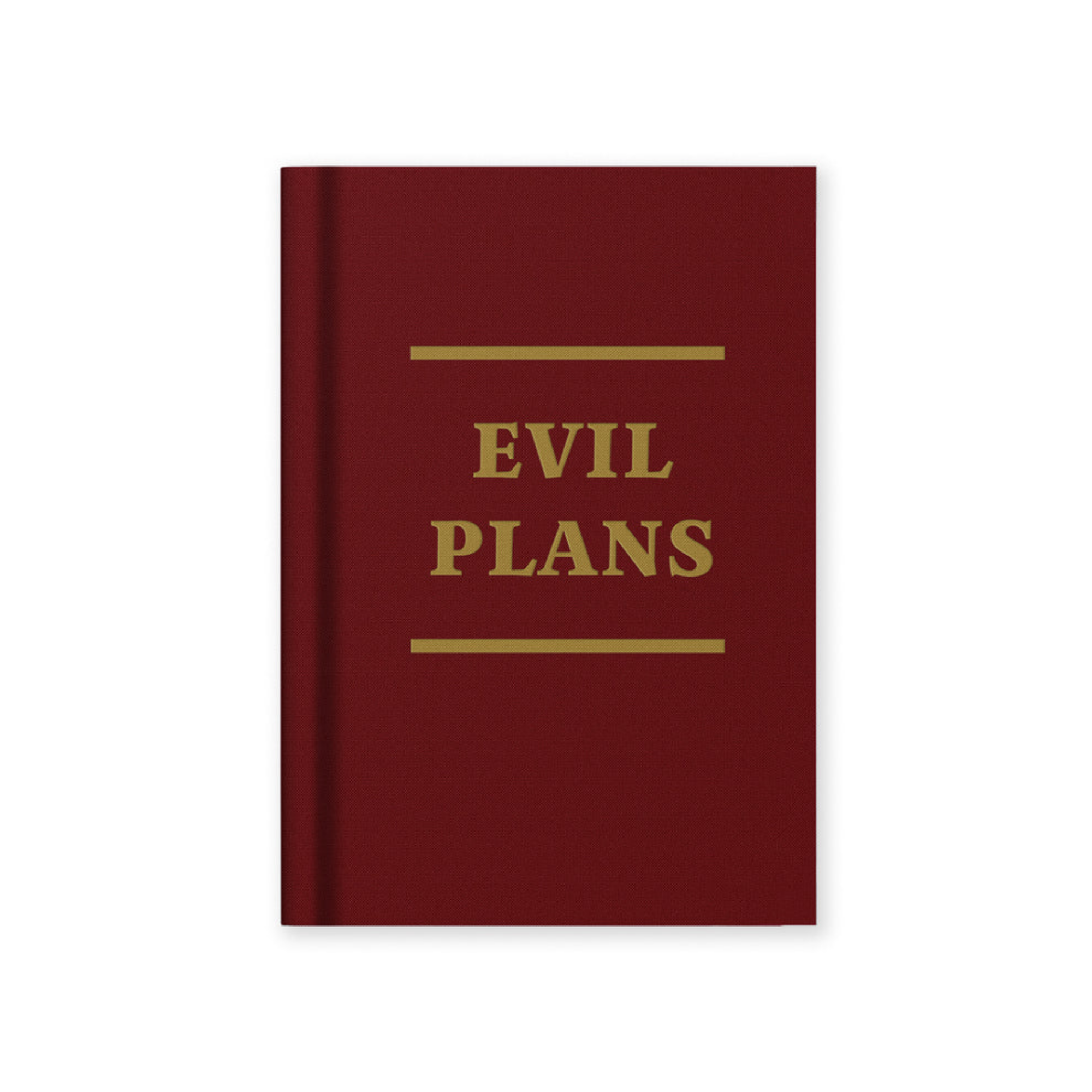 Red notebook with gold text 'evil plans'