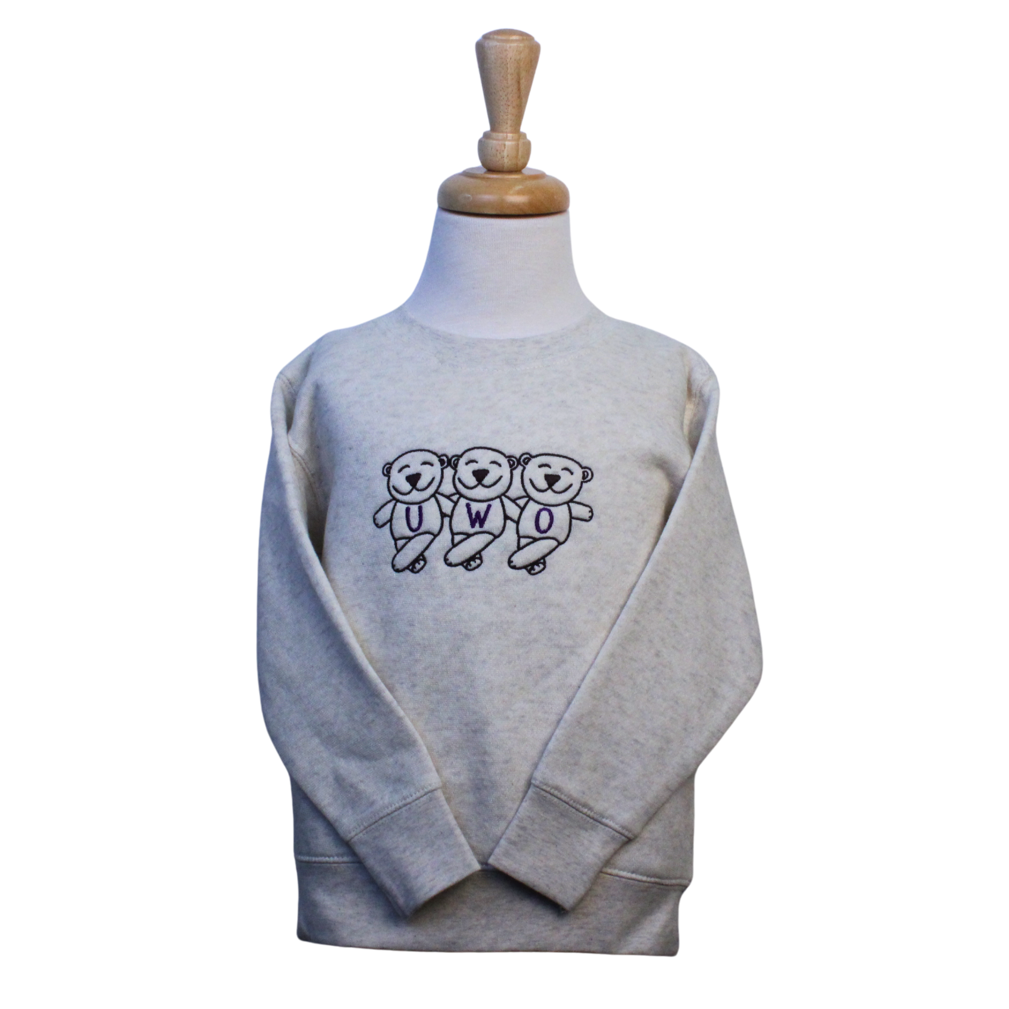 Beige toddler crewneck with graphic of 3 bears wearing U, W, O hoodies embroidered on the front.