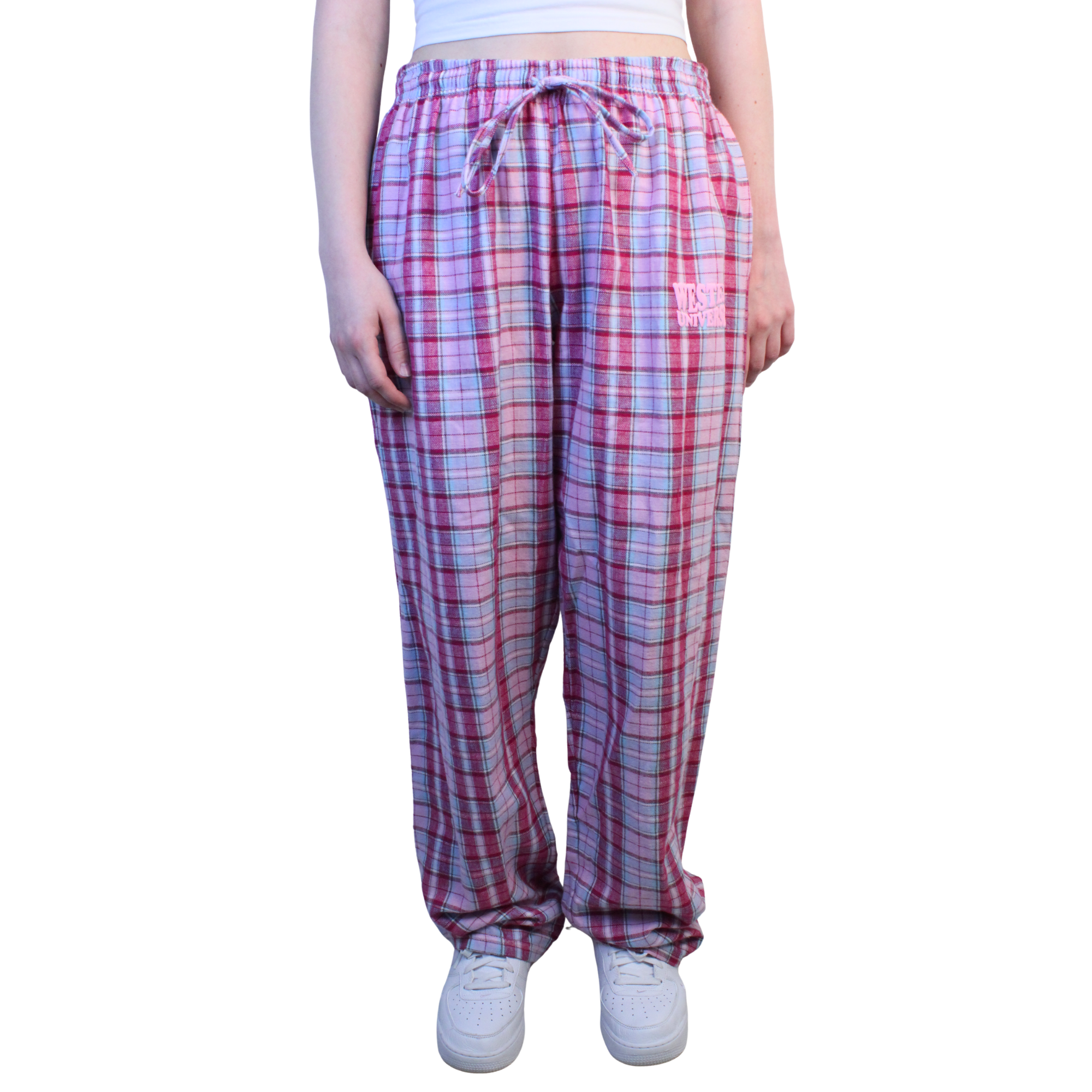 Pink and grey plaid pajama pants with a drawstring waist.