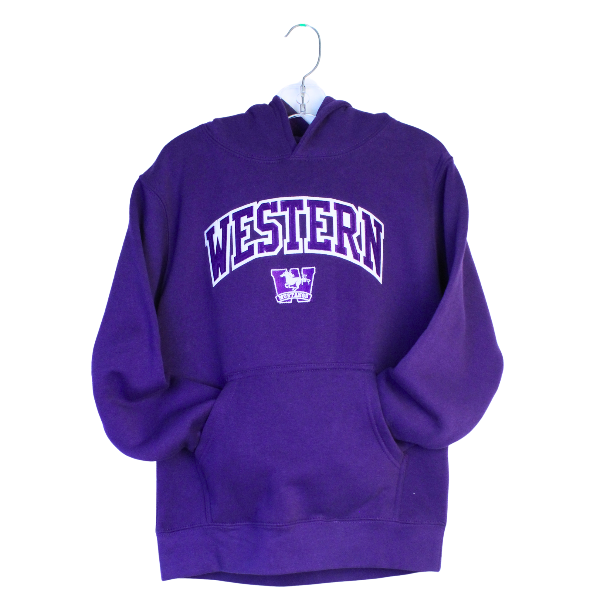 Purple youth sized hoodie with Western and the Mustangs logo embroidered on the front.