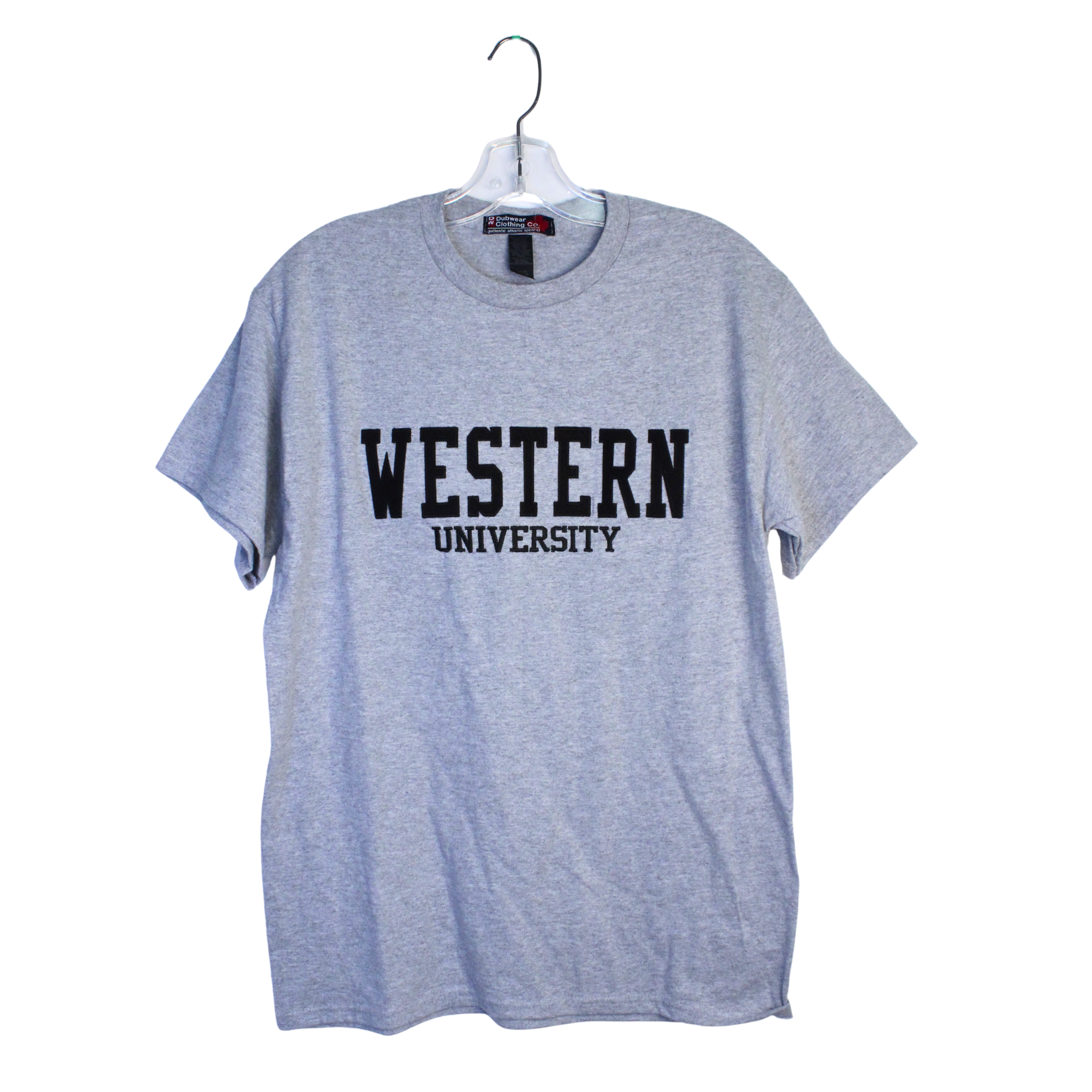 Grey t-shirt with Western University written in black felt script on the front.