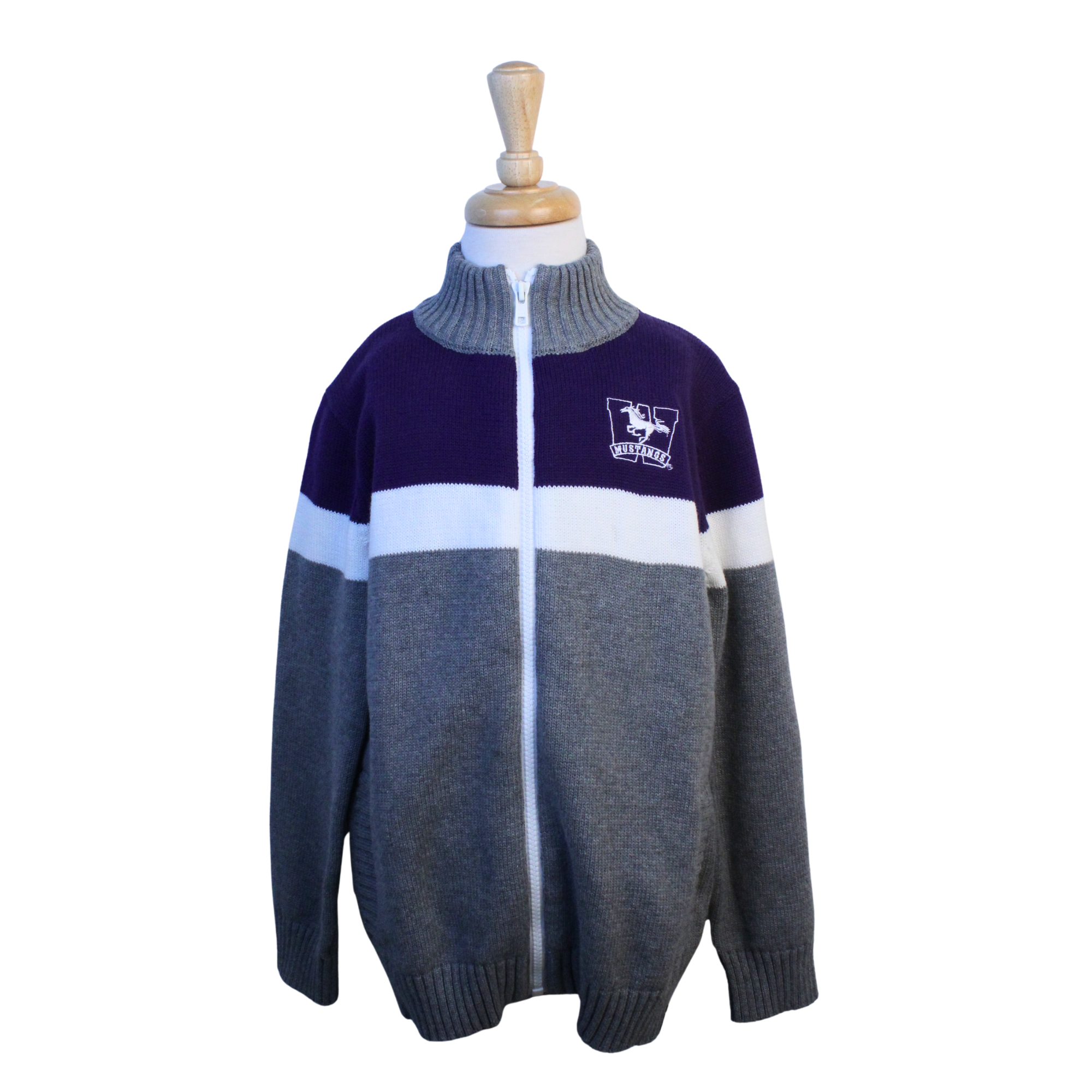 Grey, purple and white colour blocked full zip sweater with high necked color. Western Mustangs logo embroidered on the left chest.