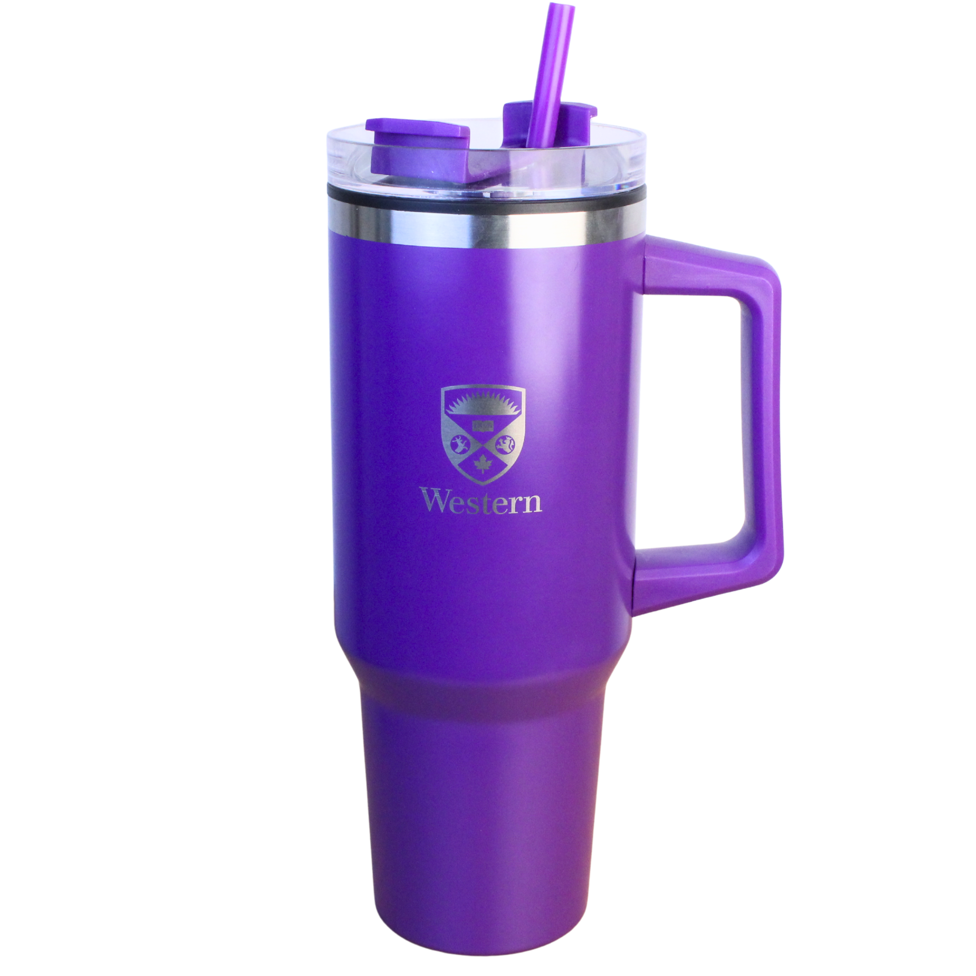 Purple travel mug with the Western Crest logo engraved on the front.