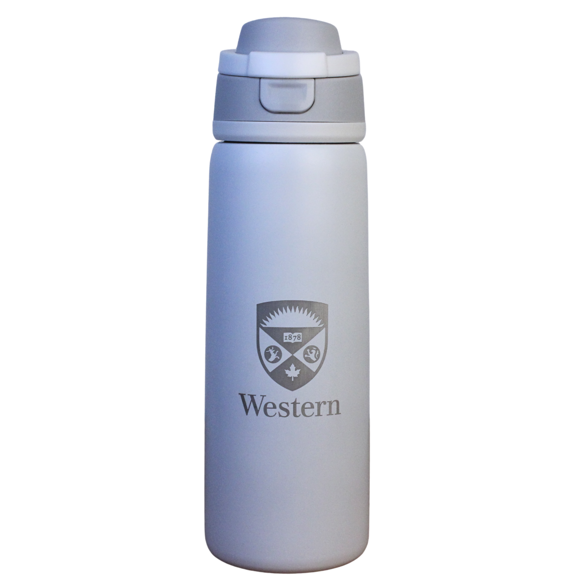 White water bottle with a beige engraved Western Crest logo on the front.