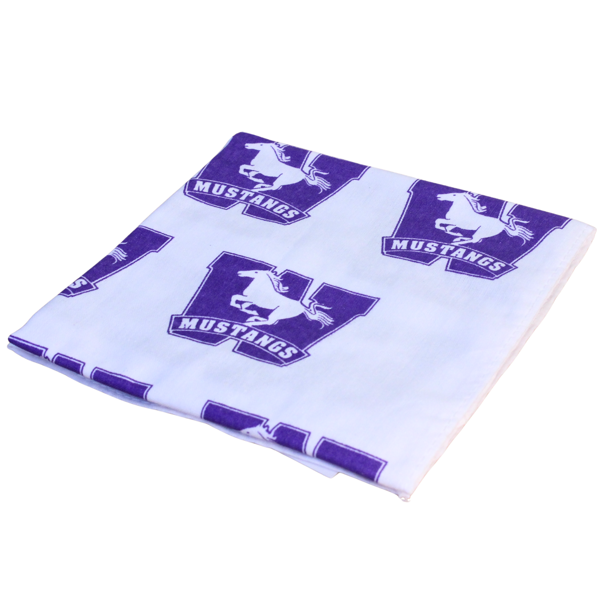 White bandana with the Western Mustangs logo screen-printed in purple in a repeated pattern along the bandana.