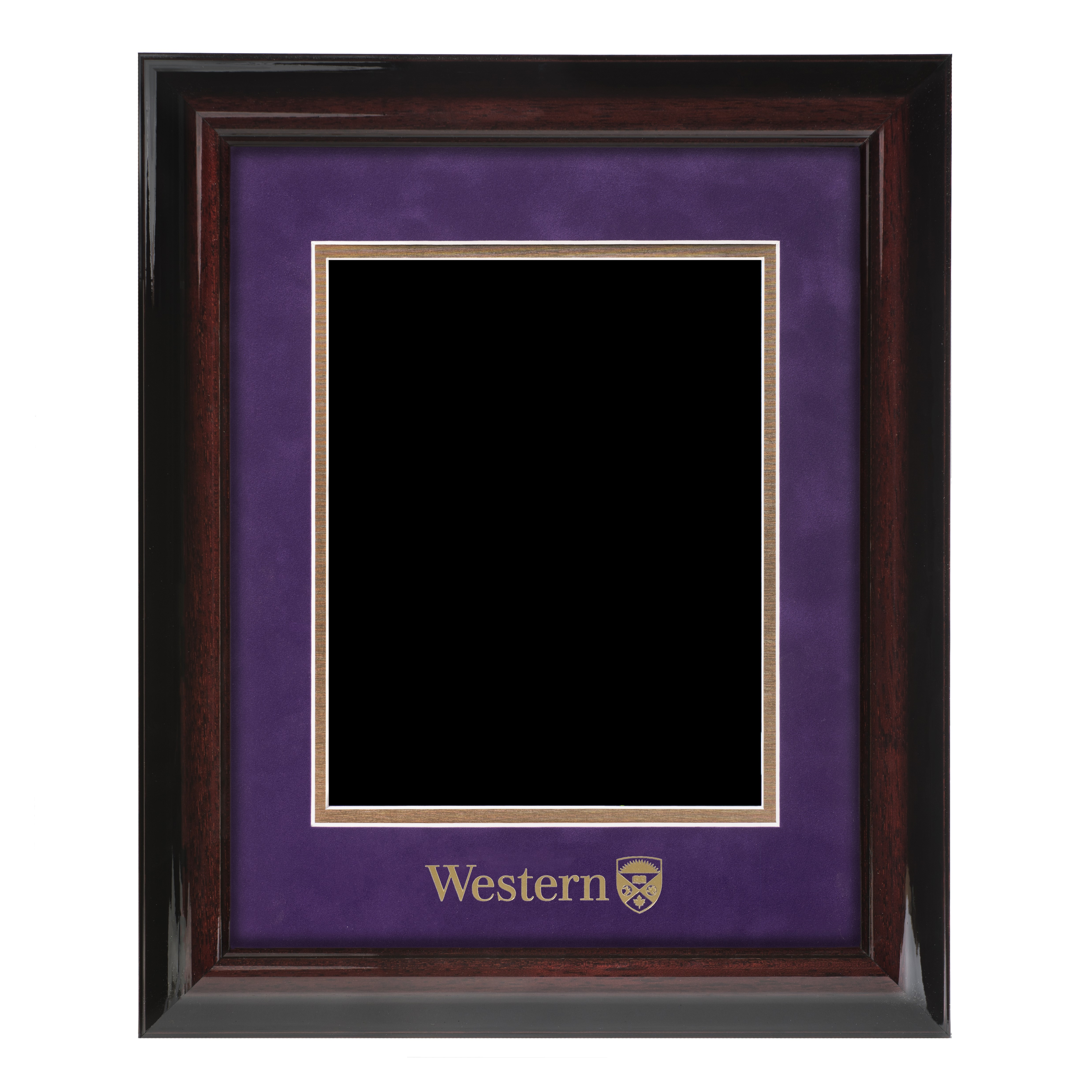 Glossy wooden frame with an interior purple velvet border, "Western" badge in gold foil at the bottom of the border.