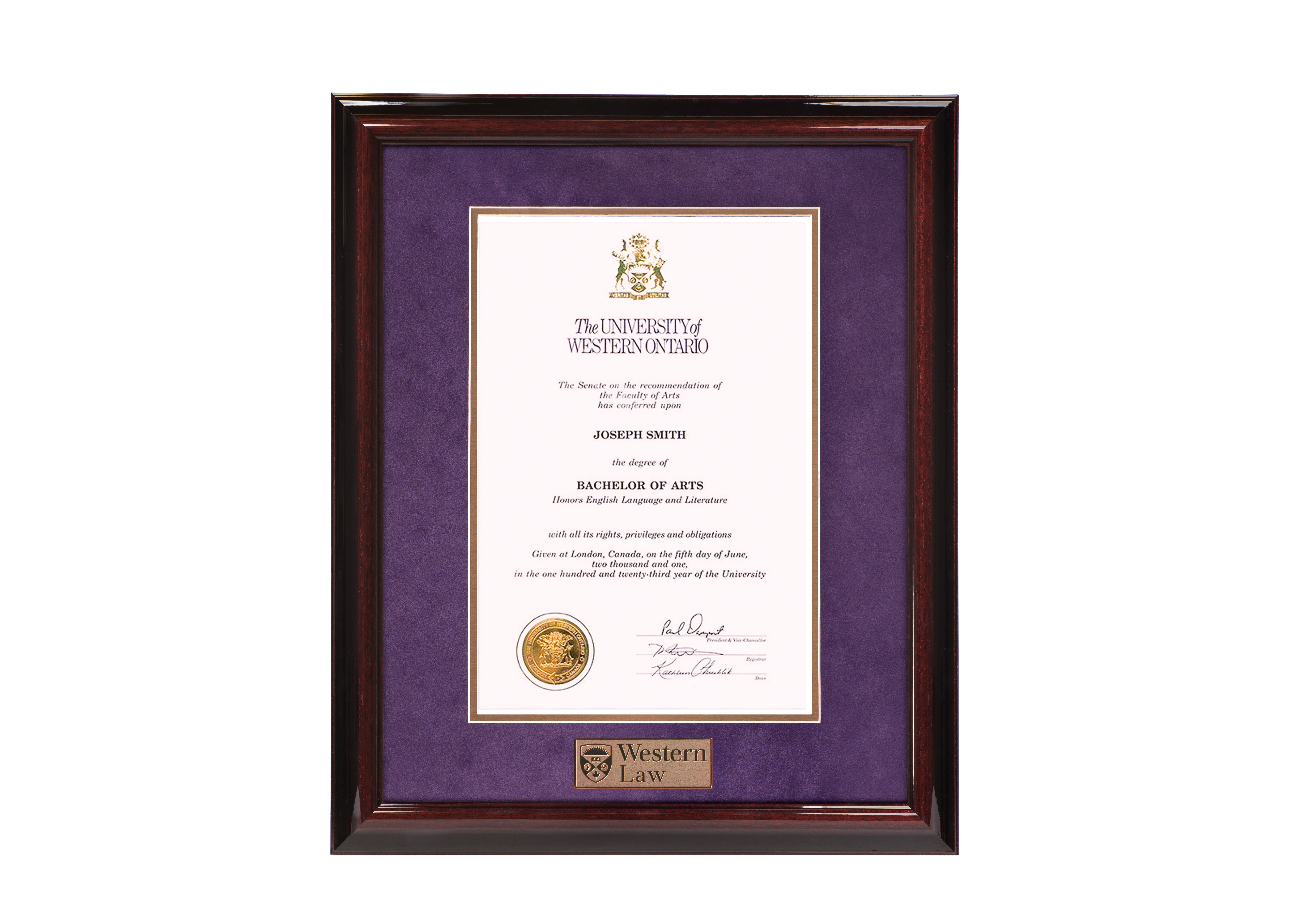 Executive Law Diploma frame with diploma inside. Purple and gold mating. Western Law plaque.