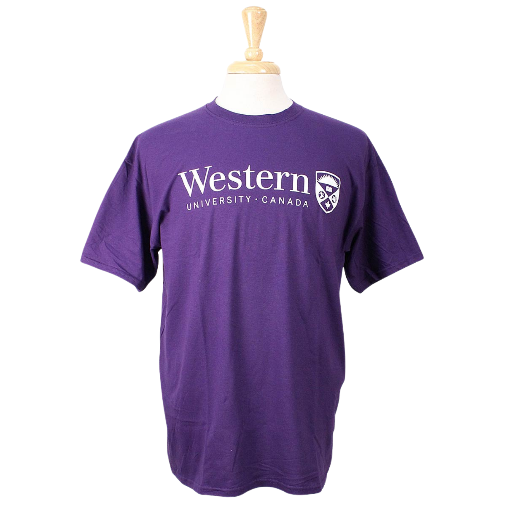 Purple t-shirt with 'Western University Canada' and crest imprinted in white.