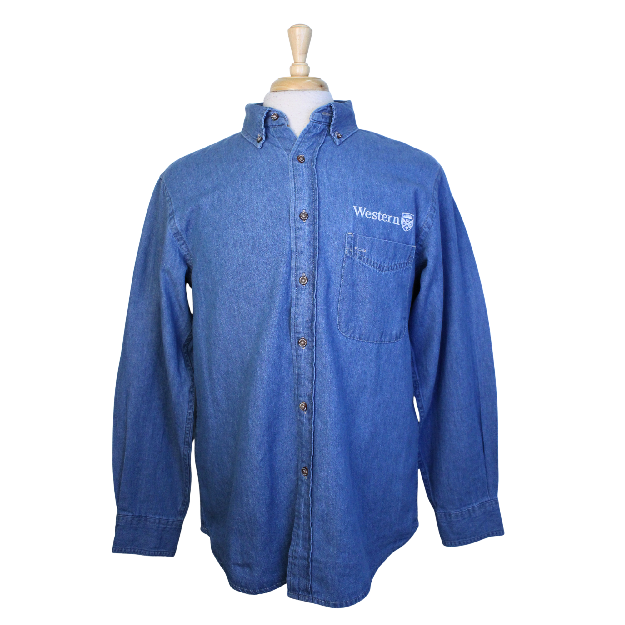 Denim button up with Western and the Crest logo embroidered on the left chest.