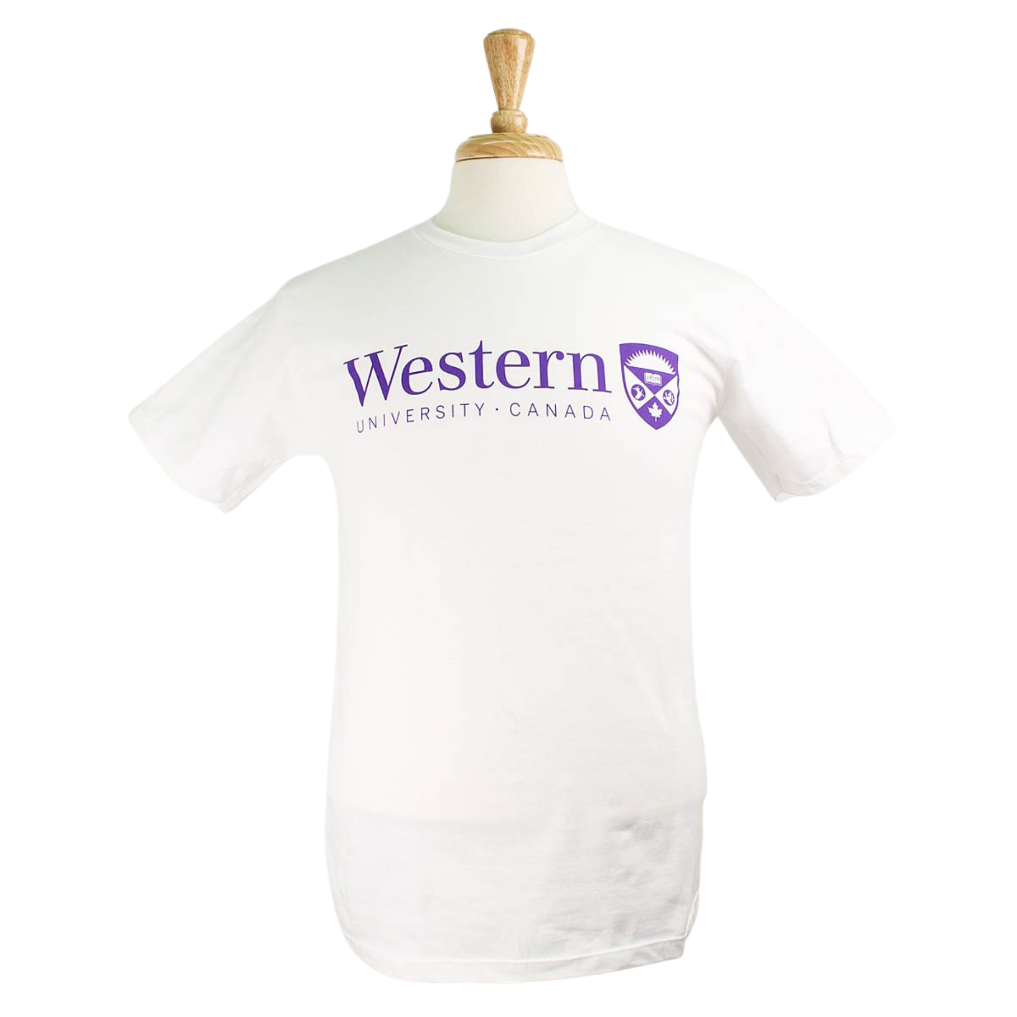 White t-shirt with 'Western University Canada' and crest screened in purple. 