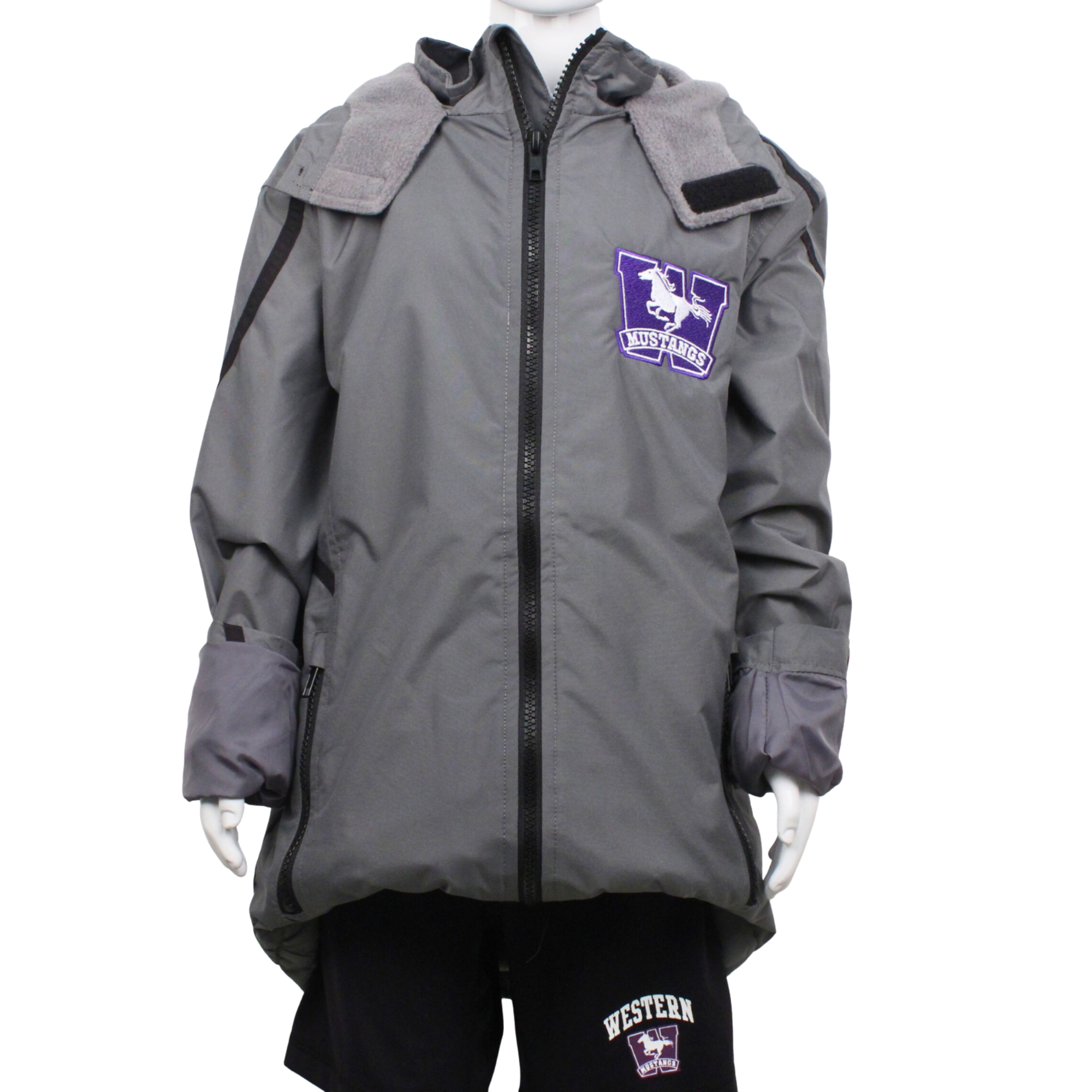 Graphite grey fleece lined youth jacket with Mustangs logo on the left chest.