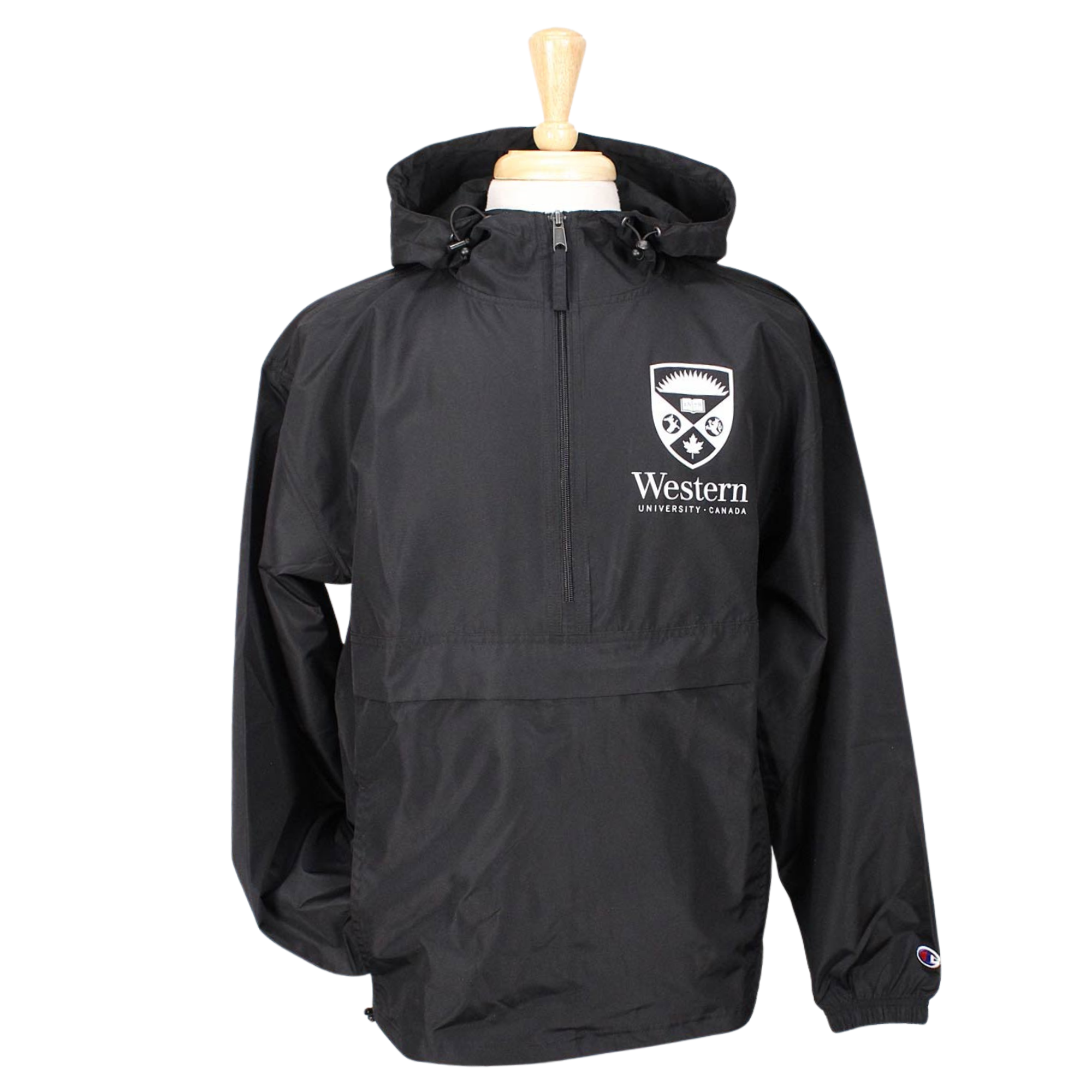 Black 1/4 zip Champion jacket with front pocket and zippered pocket pouch. White 'Western University Canada' and crest imprinted on left chest. 