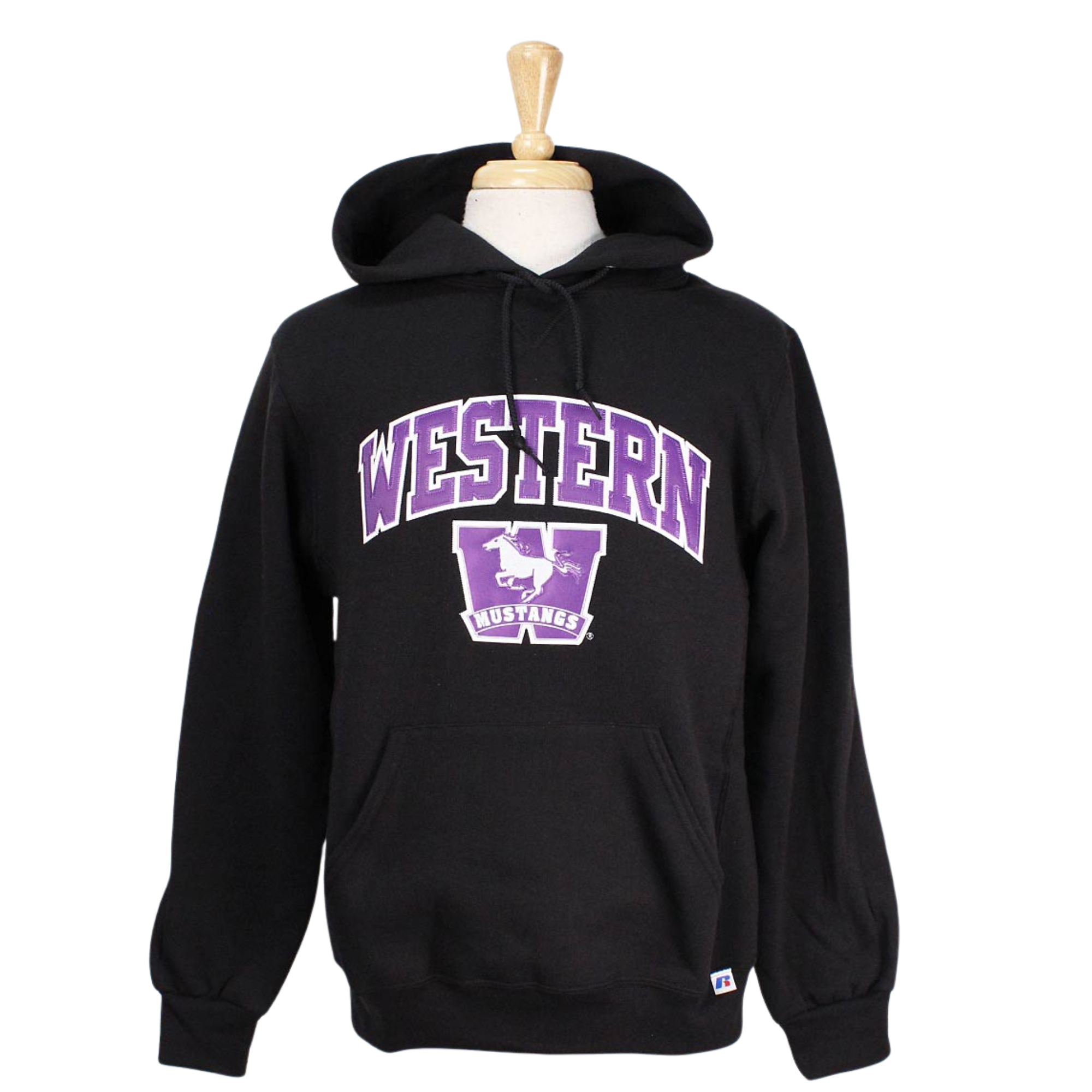 Black hood with front pocket. 'Western' twill font and sublimated Mustangs logo appliqued in white and purple. 