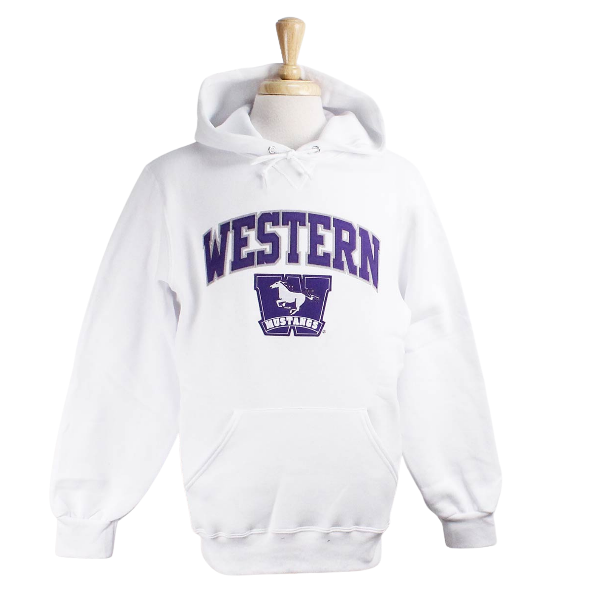 White hood with front pocket. Purple and grey 'Western' twill font and sublimated Mustangs logo appliqued in white and purple. 