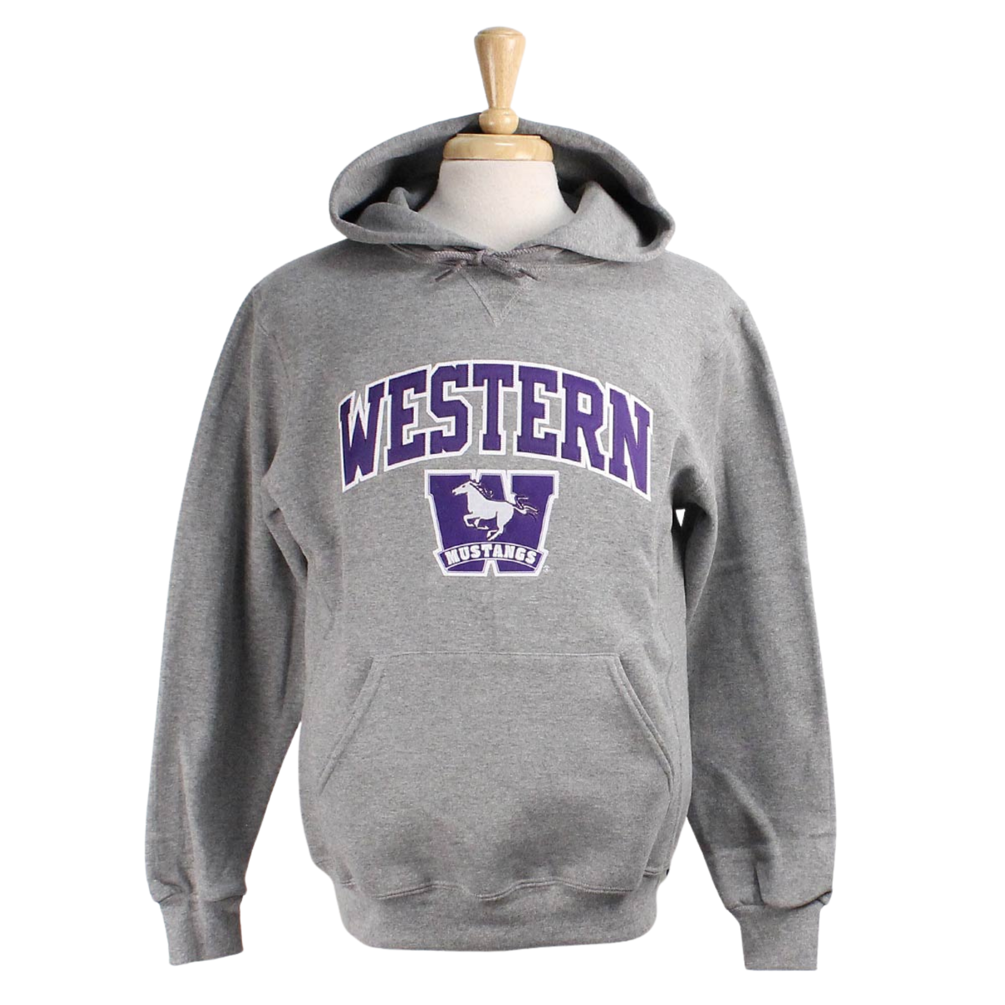 Grey hood with front pocket. 'Western' twill font and sublimated Mustangs logo appliqued in white and purple. 
