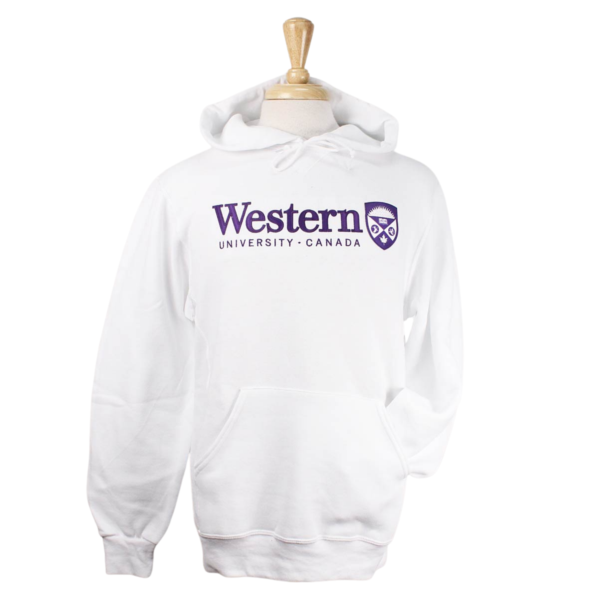 White hood with front pocket. 'Western' font and sublimated crest appliqued in purple and white. 'University Canada' embroidered in purple.