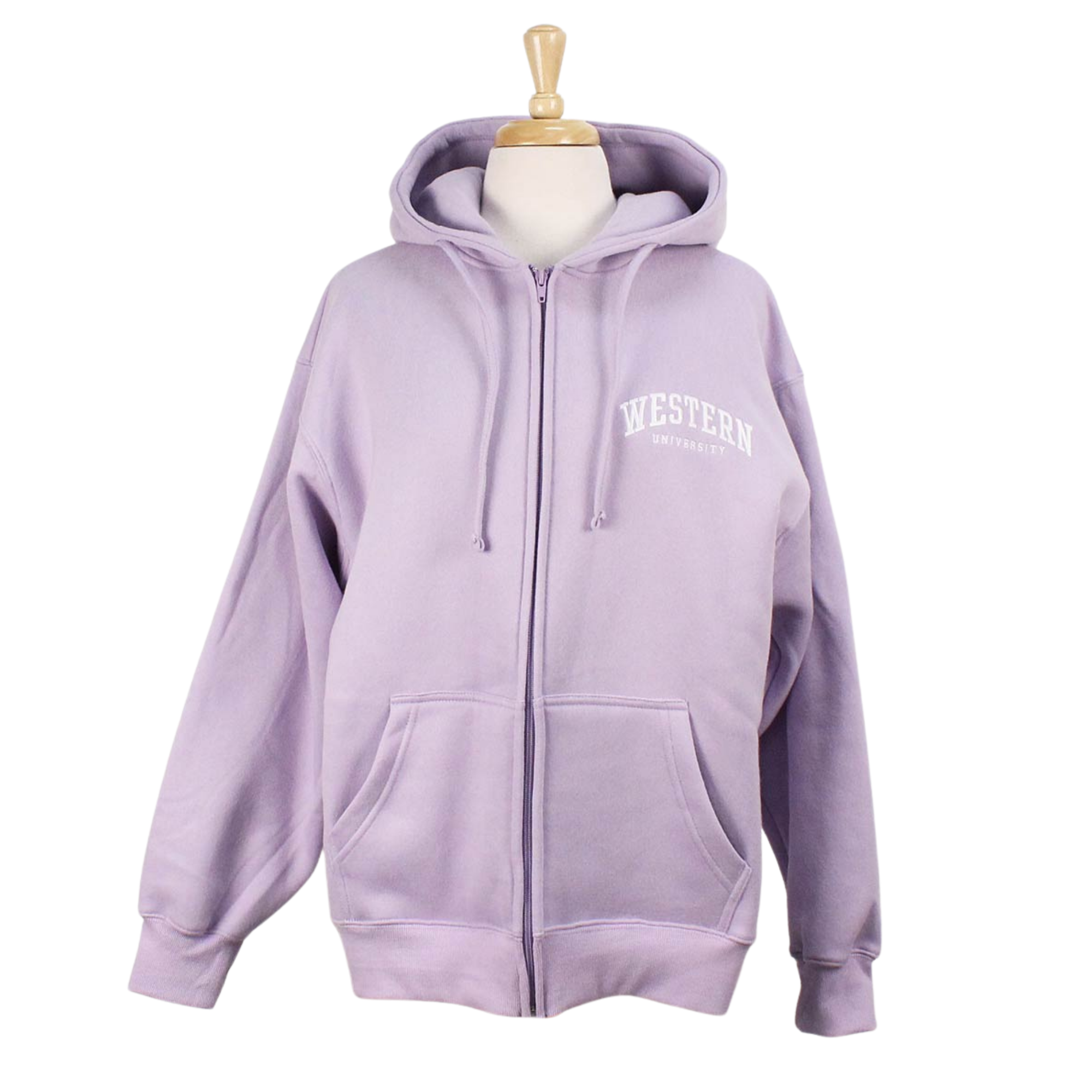 Lavender full zip hoodie with Western University embroidered on the left chest.