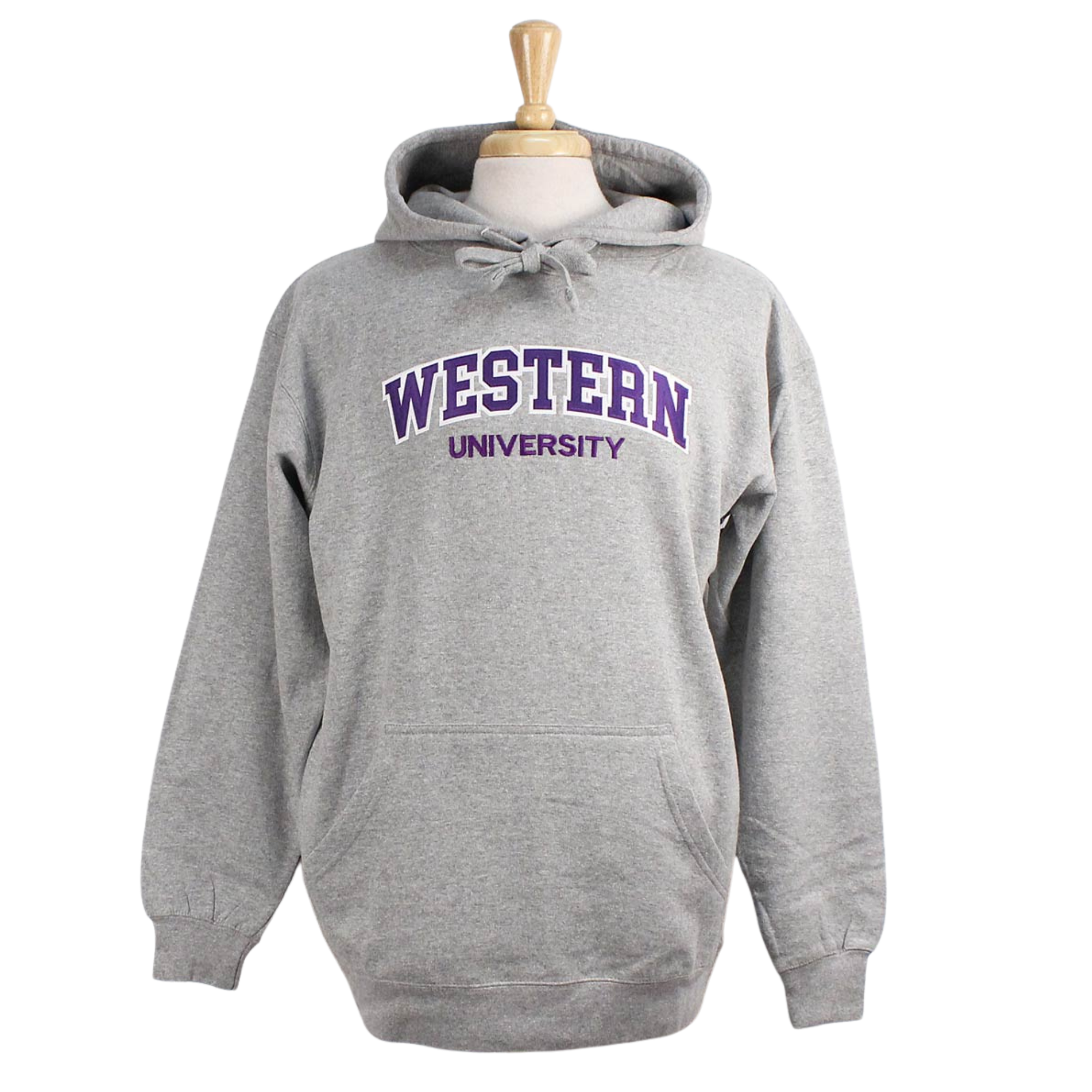 Grey hood with front pocket. Appliqued twill 'Western' and embroidered 'University' in white and purple.