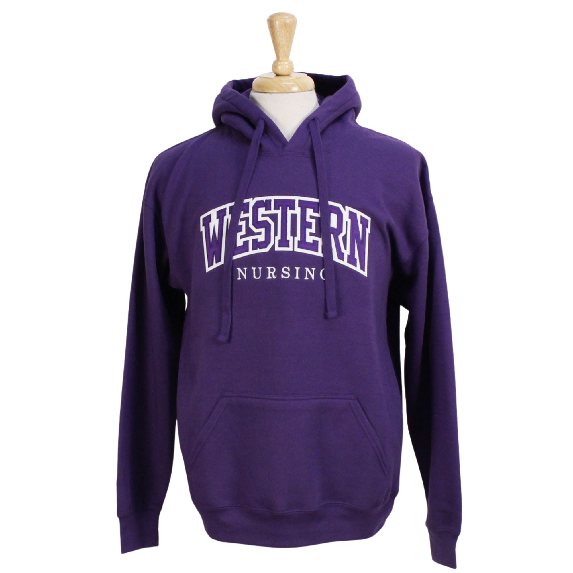 Purple hood with front pocket. Appliqued purple and white 'Western' twill font and embroidered 'Nursing' in white. 