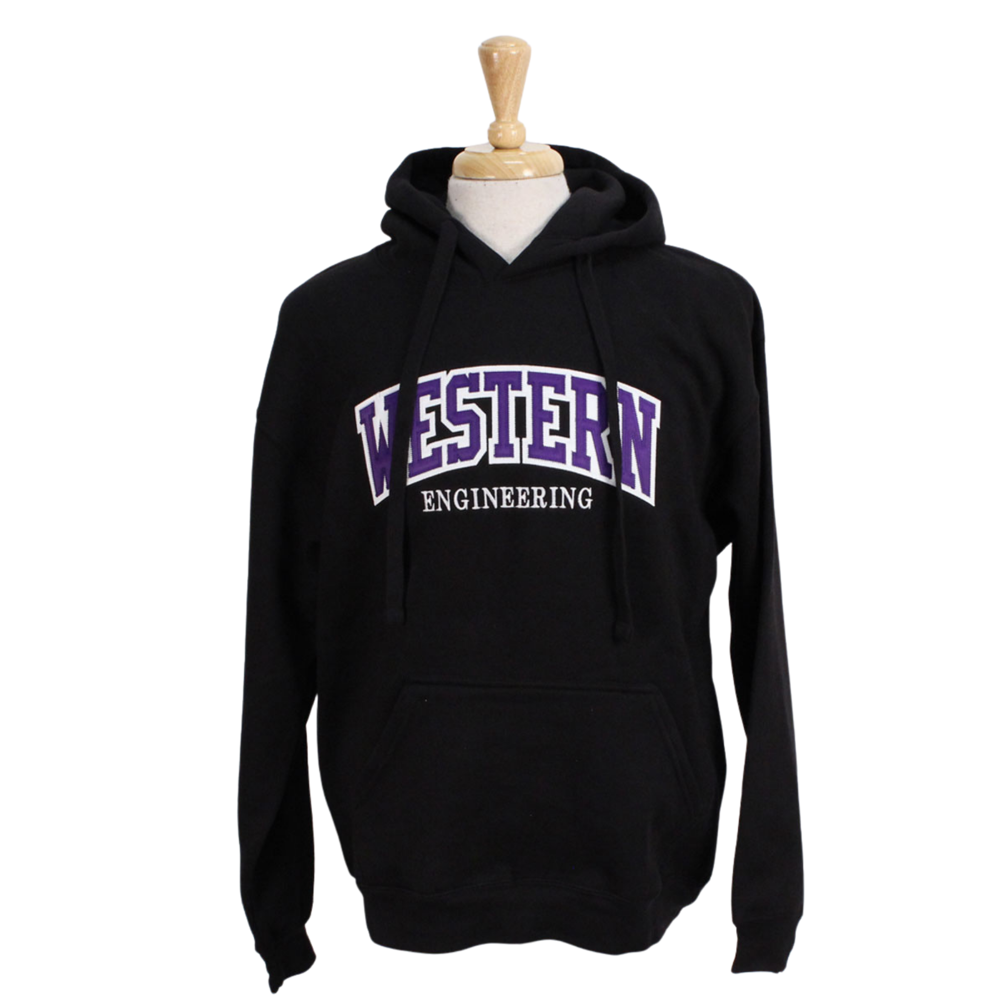 Black hood with front pocket.  Appliqued purple and white 'Western' twill font and embroidered 'Engineering' in white.