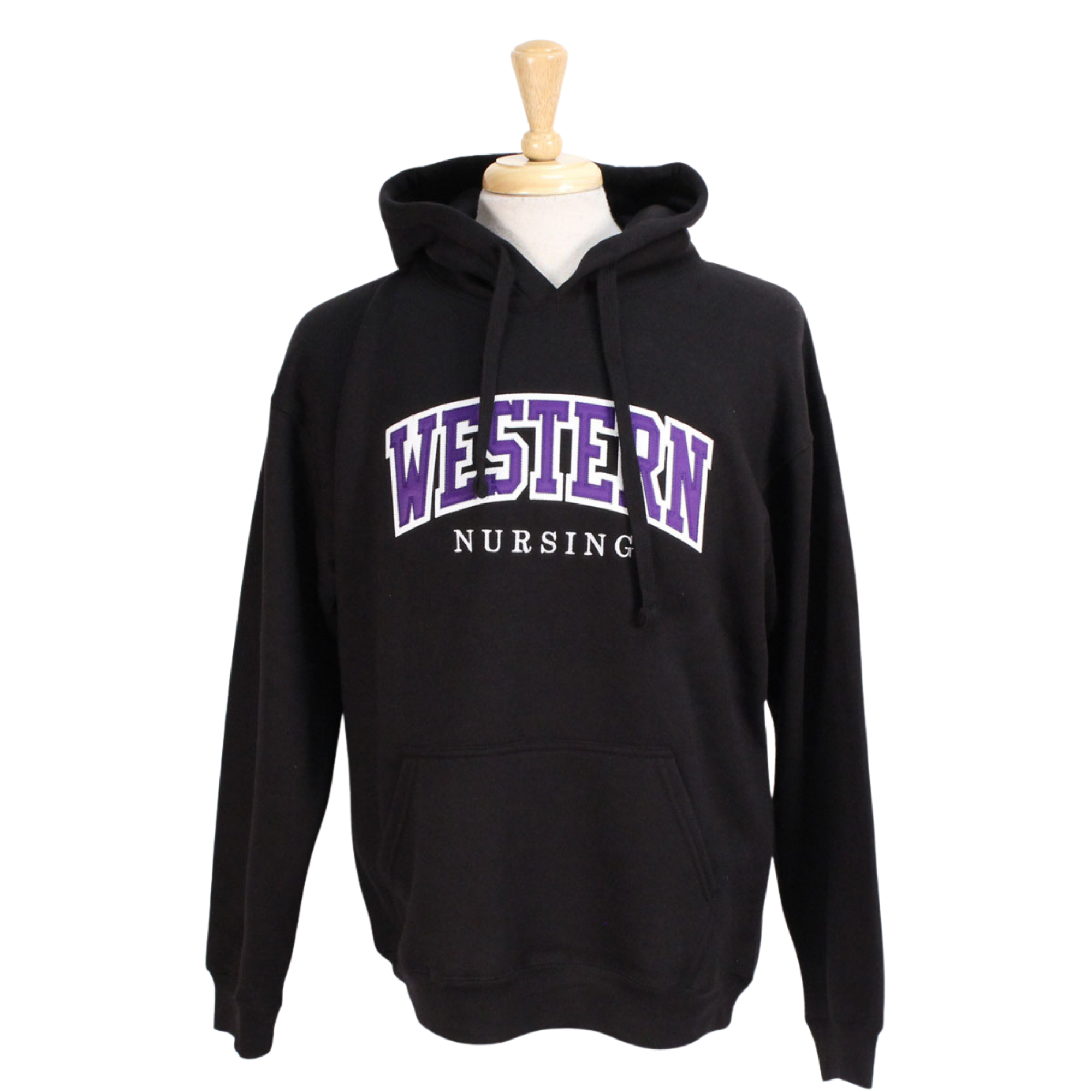 Black hood with front pocket. Appliqued purple and white 'Western' twill font and embroidered 'Nursing' in white.