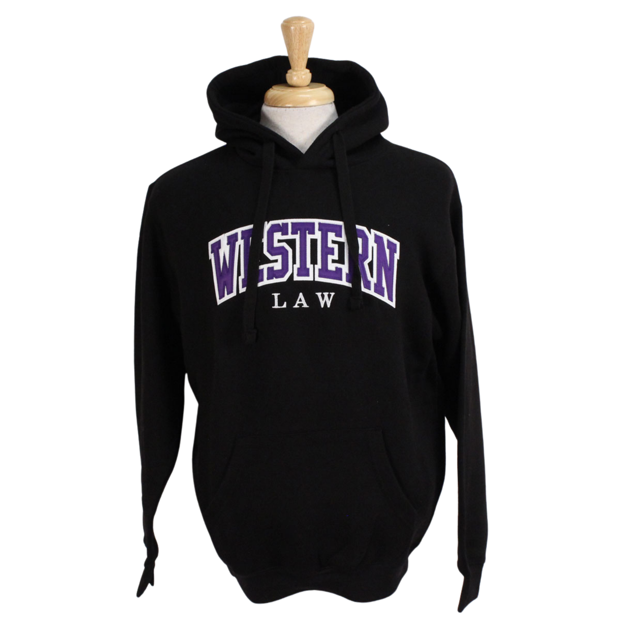 Black hood with front pocket. Appliqued purple and white 'Western' twill font and embroidered 'Law' in white.