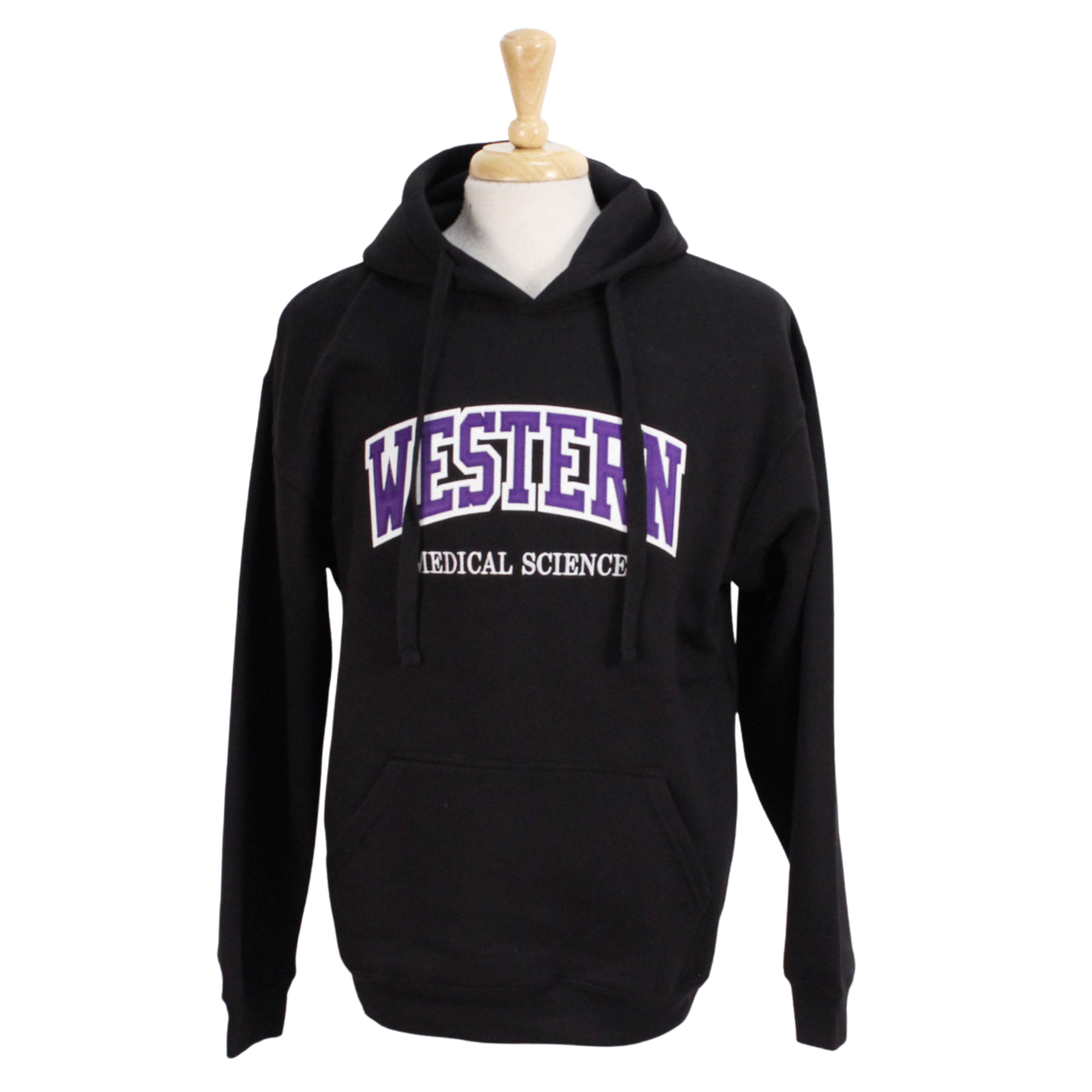 Black hood with front pocket. Appliqued purple and white 'Western' twill font and embroidered 'Medical Sciences' in white.