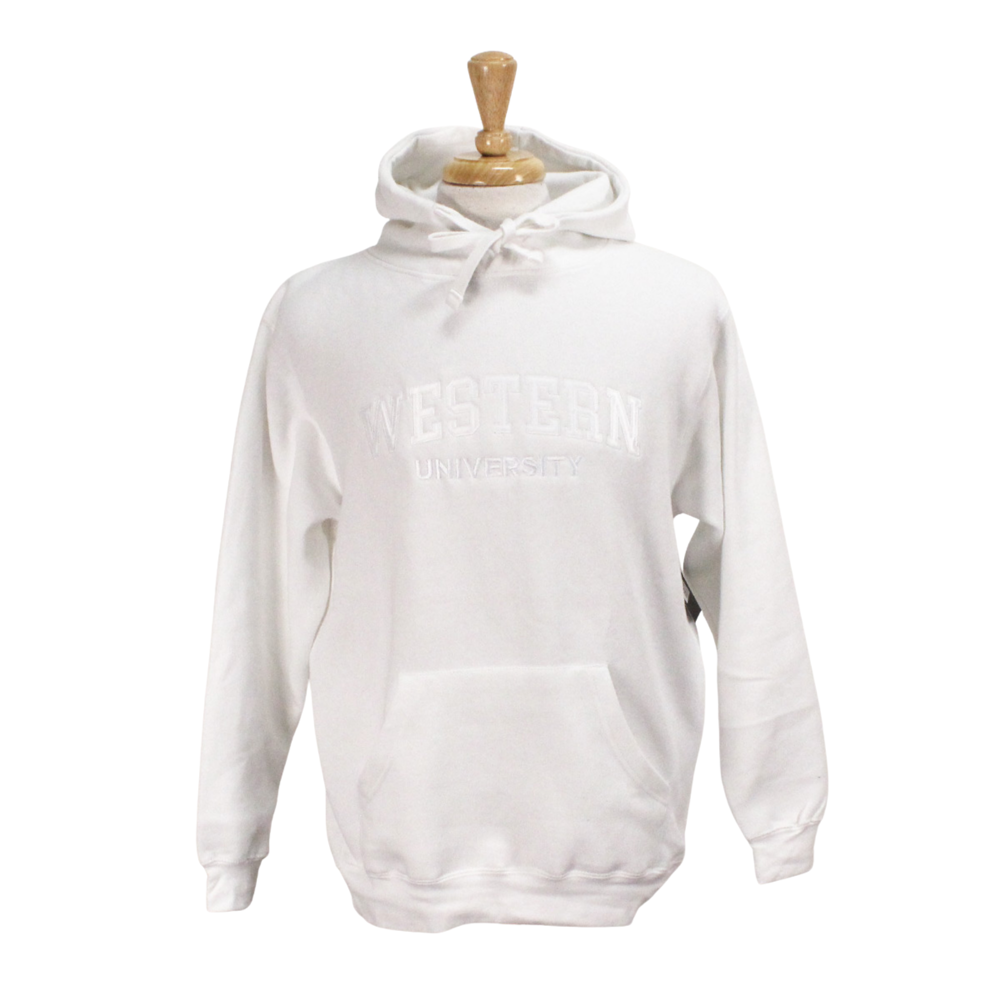 White hood with Western embroidered in white on the front.