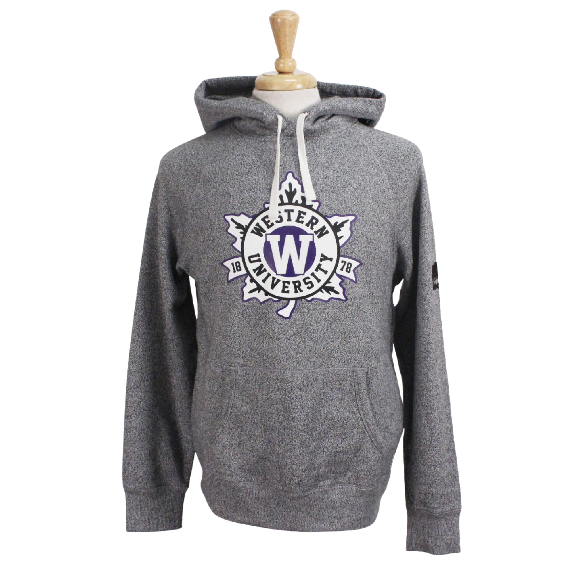 Salt and Pepper Roots hood with flocked Western University leaf design on the front. Roots logo on the left sleeve.