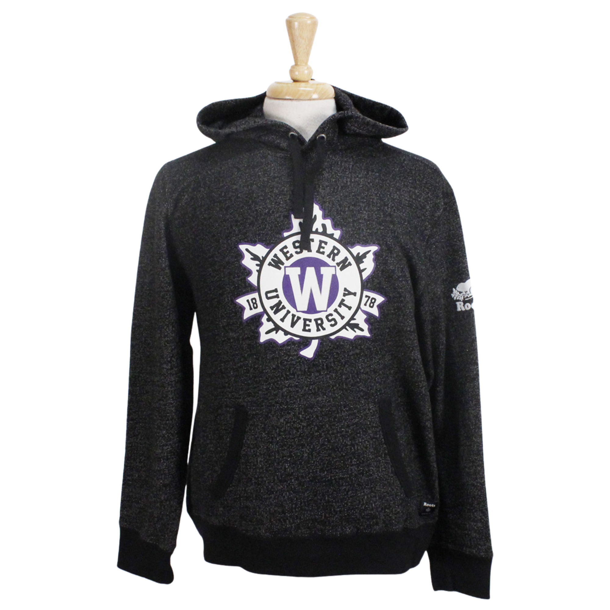 Black pepper Roots kanga hood with flocked leaf W design on the front. Flocked Roots logo on the left sleeve.
