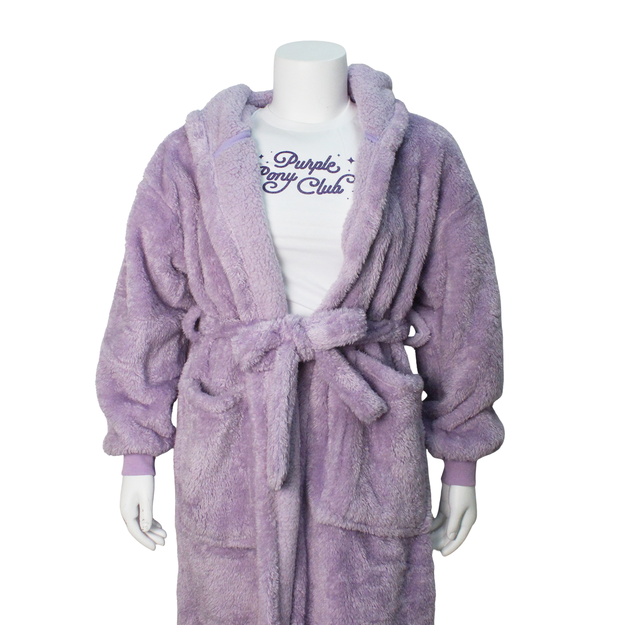 Purple robe with drawstring waist ties and pockets.