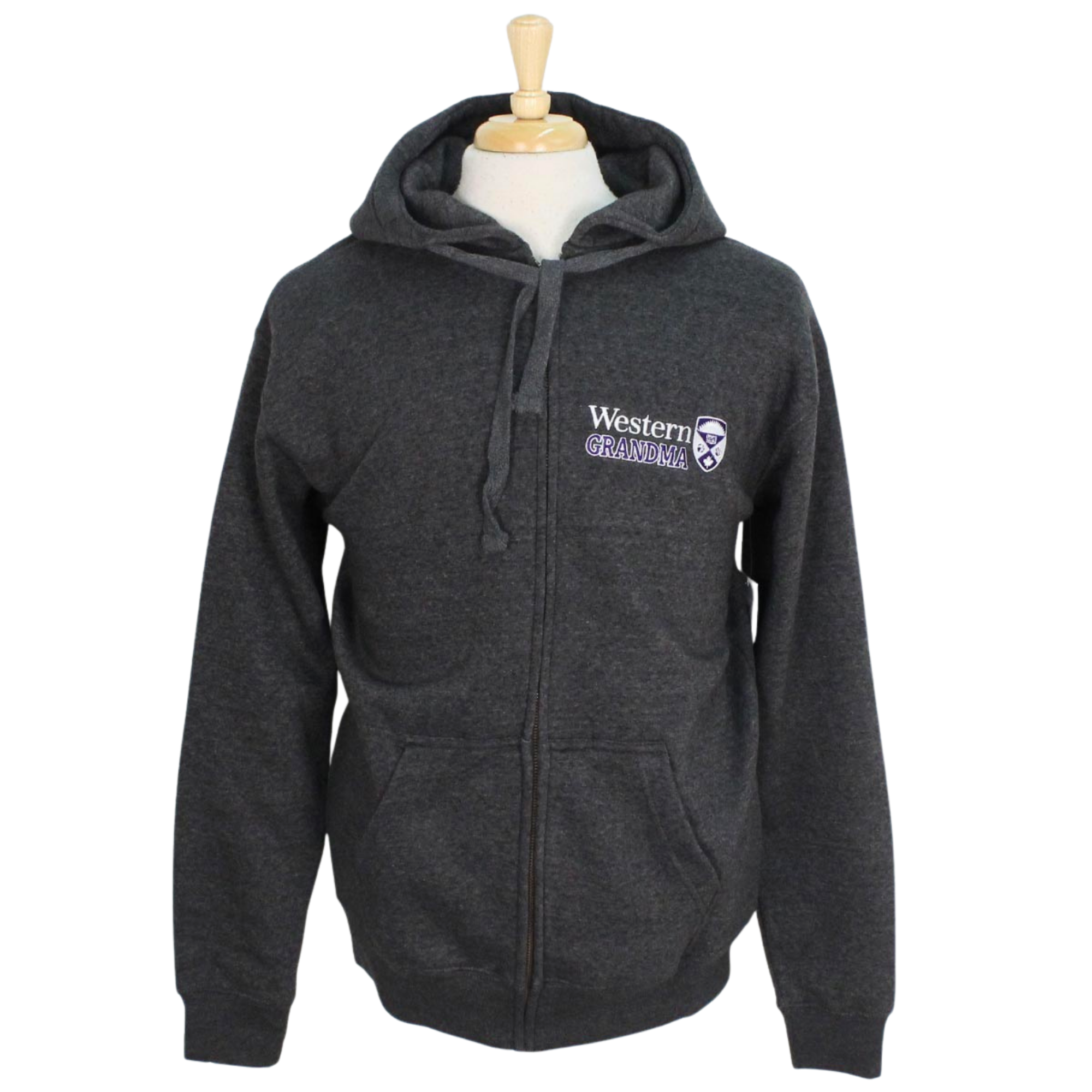 Charcoal grey full zip hoodie with Western grandma embroidered on the left chest.
