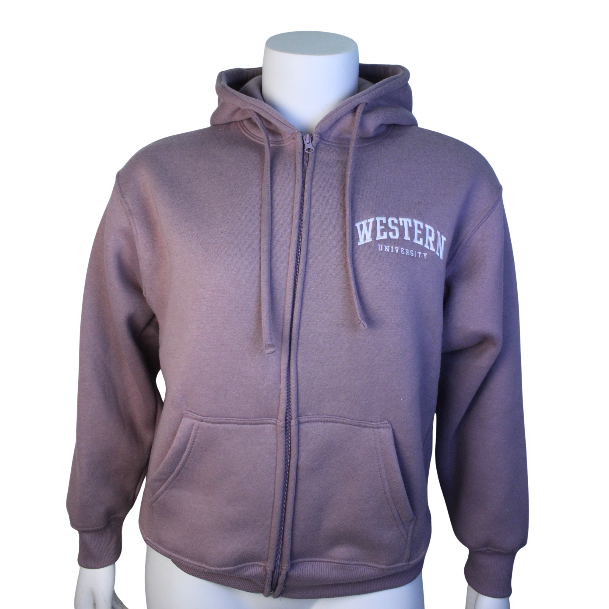 Mushroom purple full zip hood with Western University embroidered on the left chest.