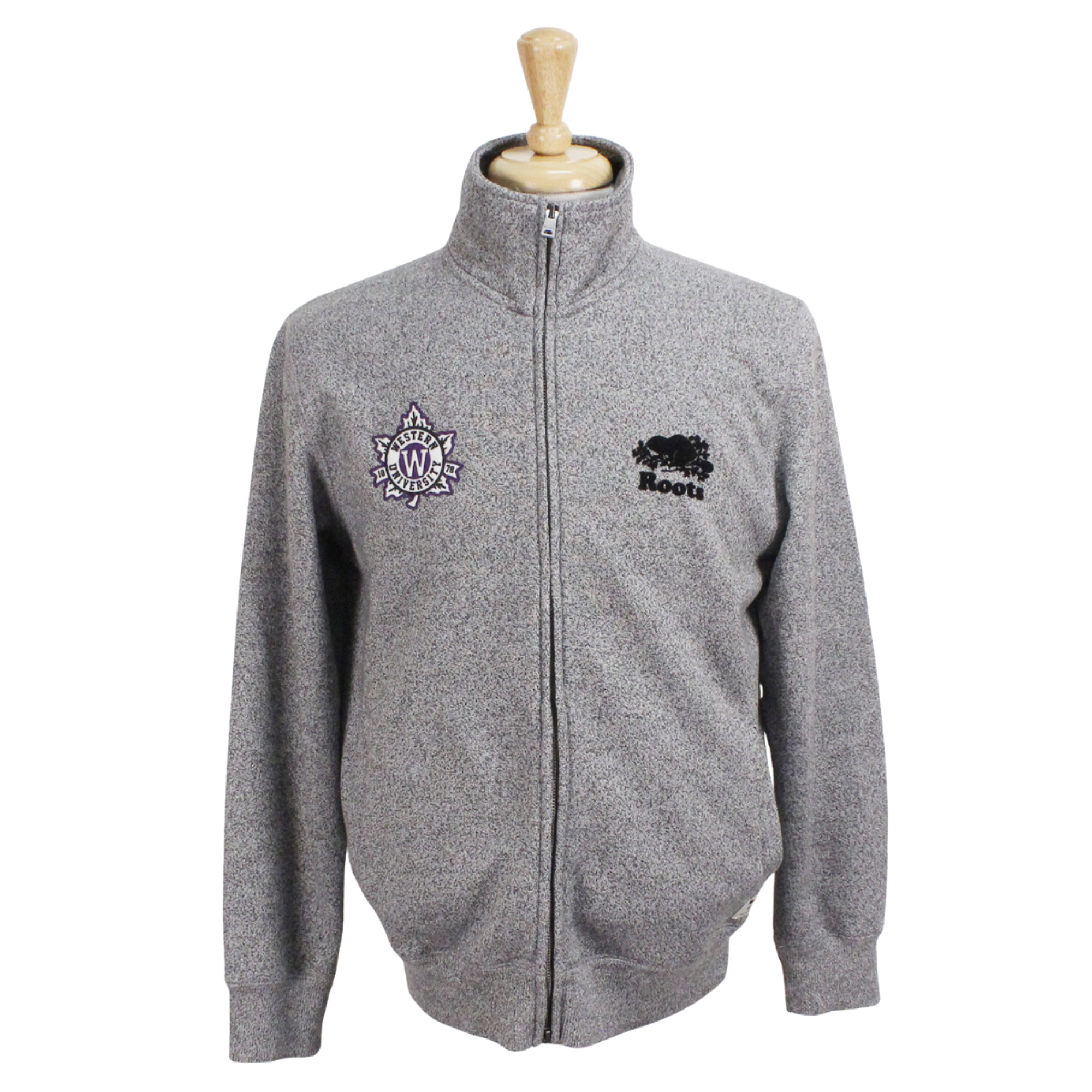Salt and pepper Roots full zip track jacket with W leaf applique design on the right chest. Roots flocked logo on the left chest. 