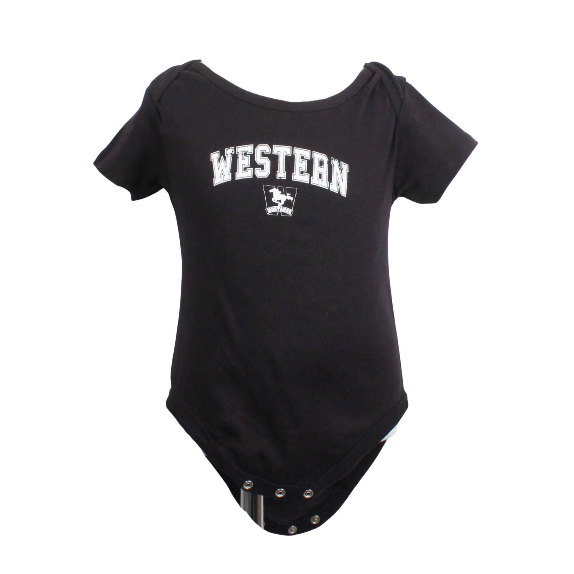 Black baby onesie with Western Mustang logo printed on the front.