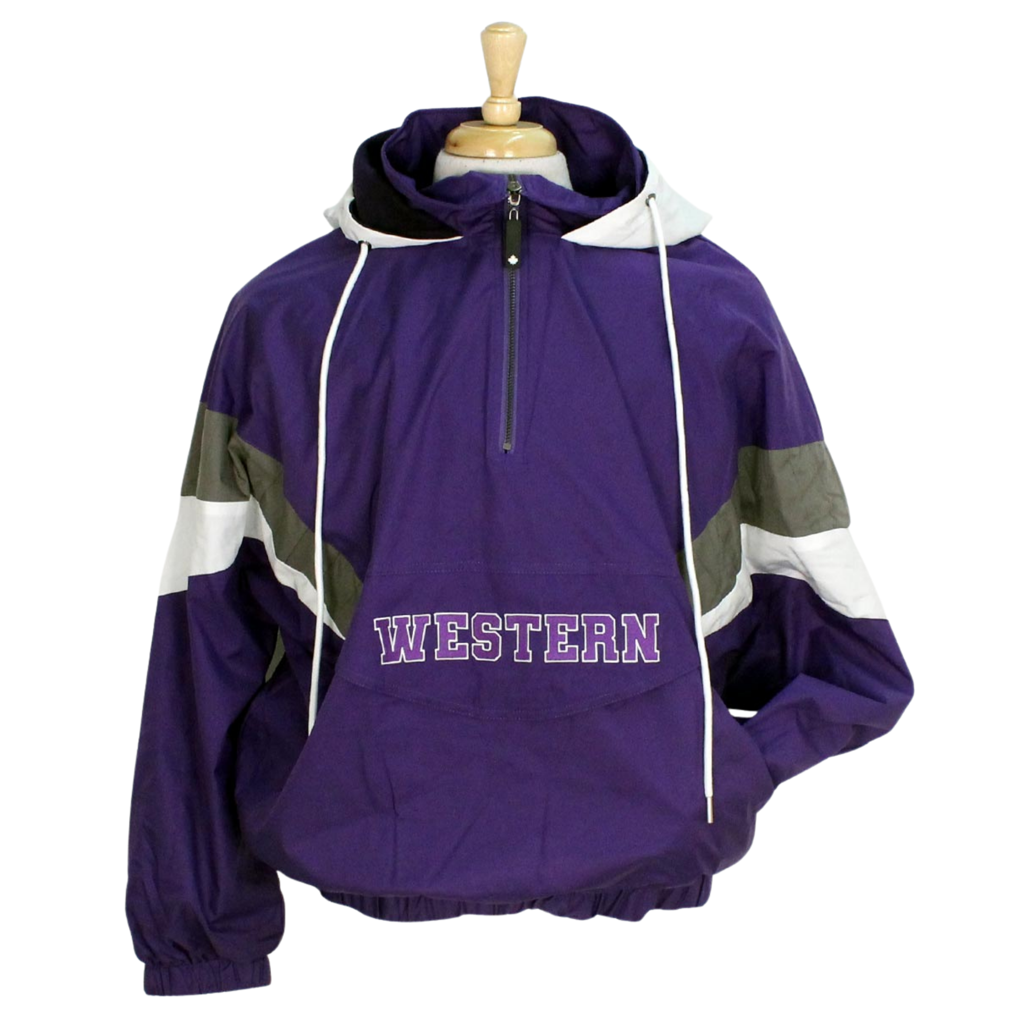 Purple full zip jacket with drawstring hood and front pockets. "Western" on the front.