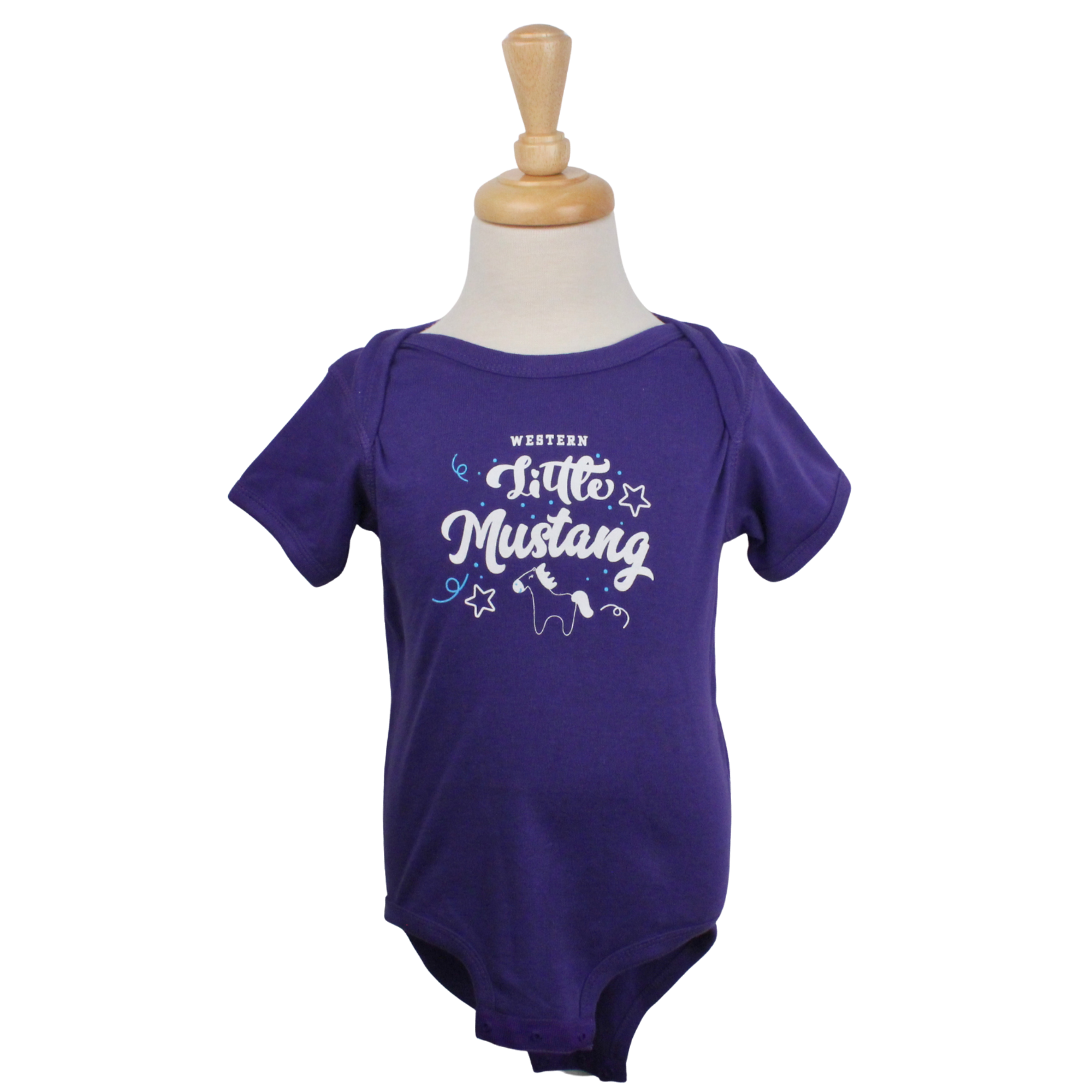 Purple baby onesie with Little Mustang graphic printed on the front.