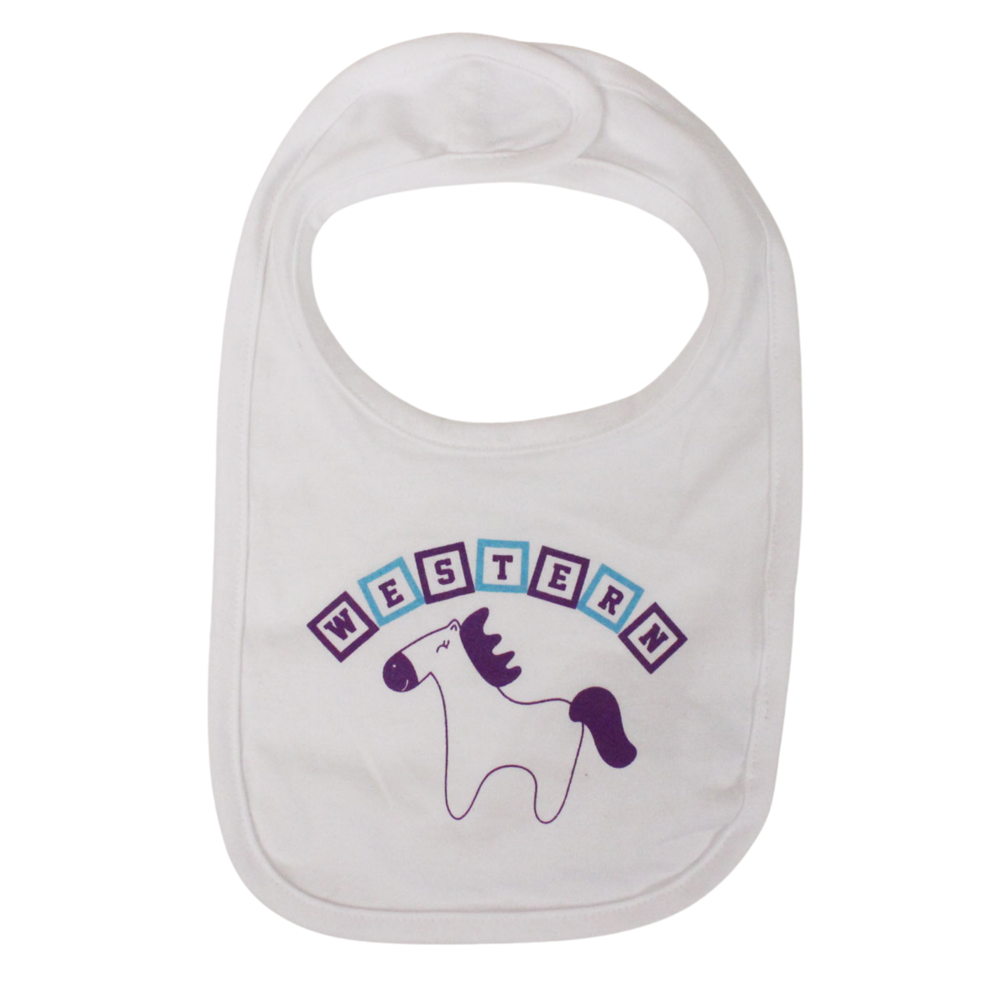White bib with Western in block font and mustang horse graphic.