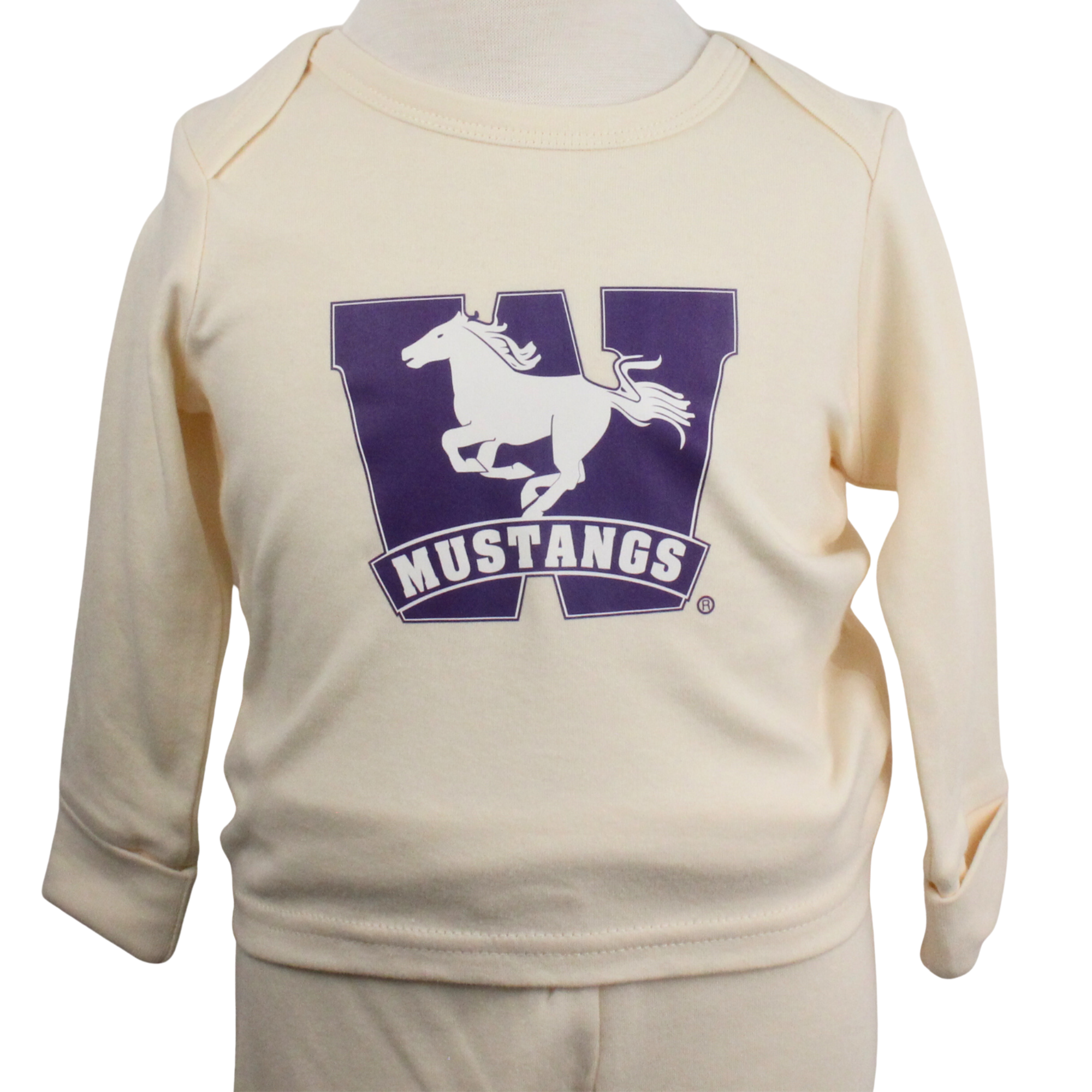 Eggnog cream baby long sleeve shirt with Mustangs logo on the front.