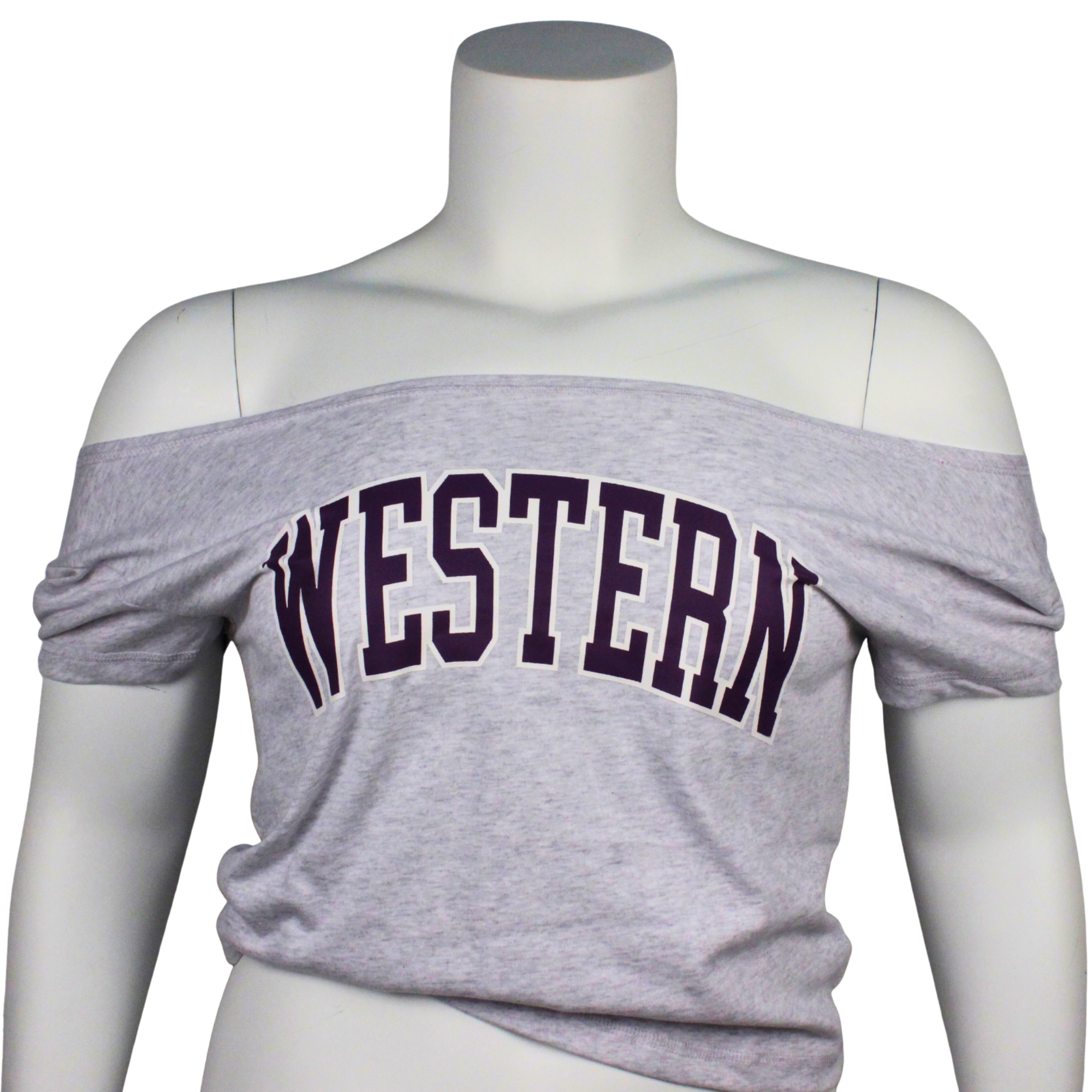Ash grey off the shoulder tee with Western printed on the front.