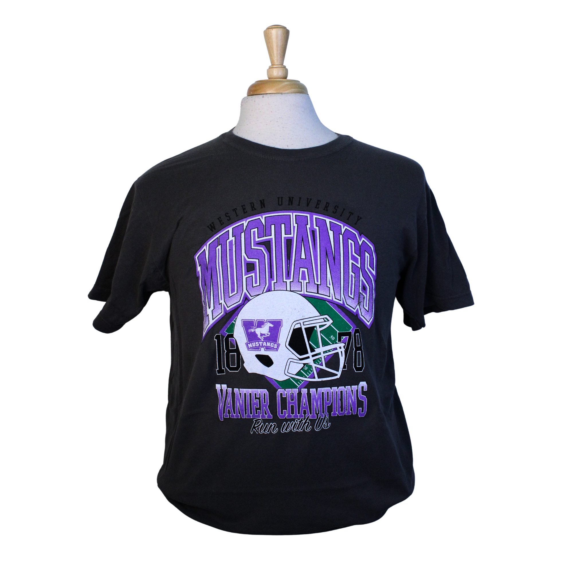 Charcoal grey tee shirt with Mustangs Vanier Champions graphic printed on the front.