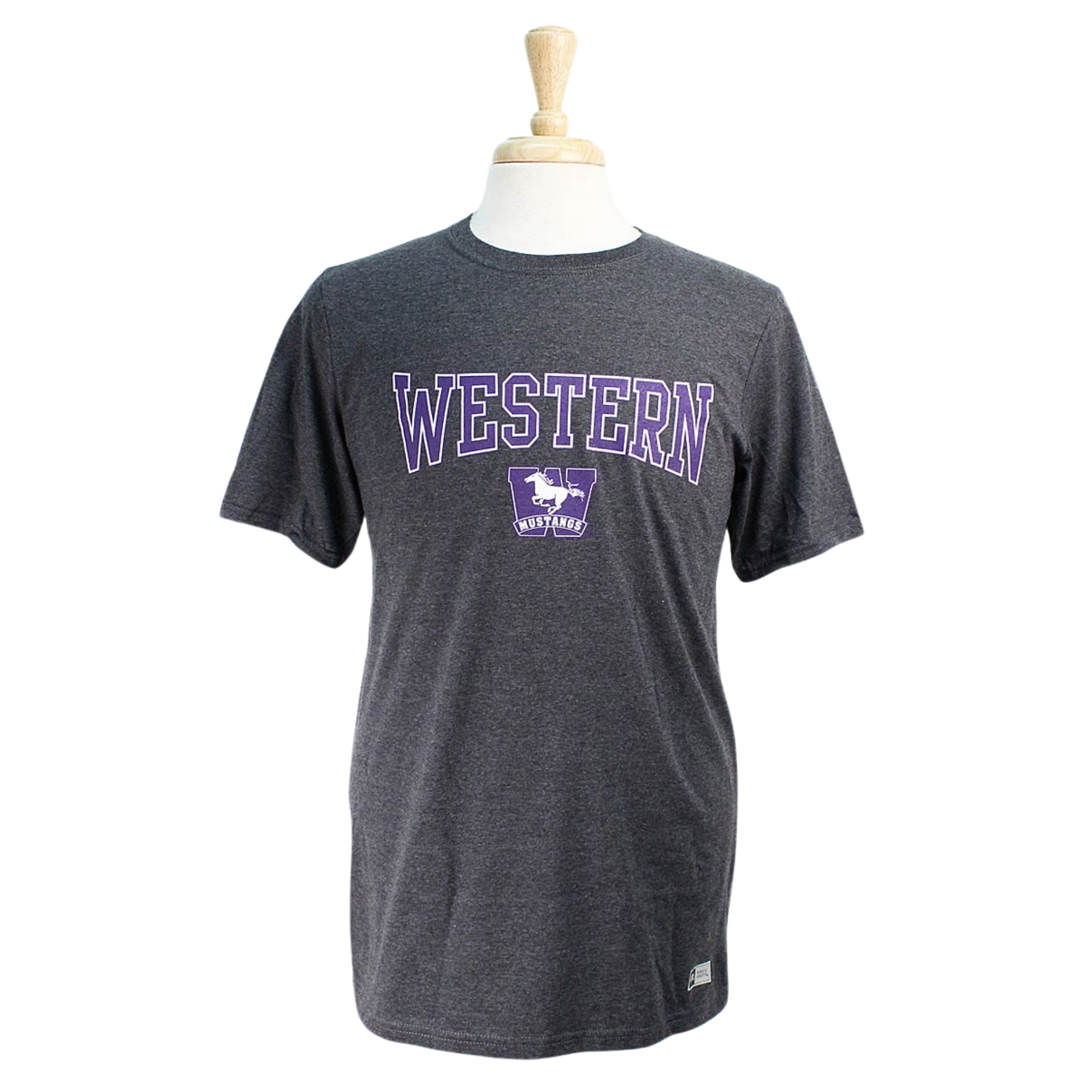 Charcoal t-shirt with 'Western' and Mustangs logo screened in white and purple.