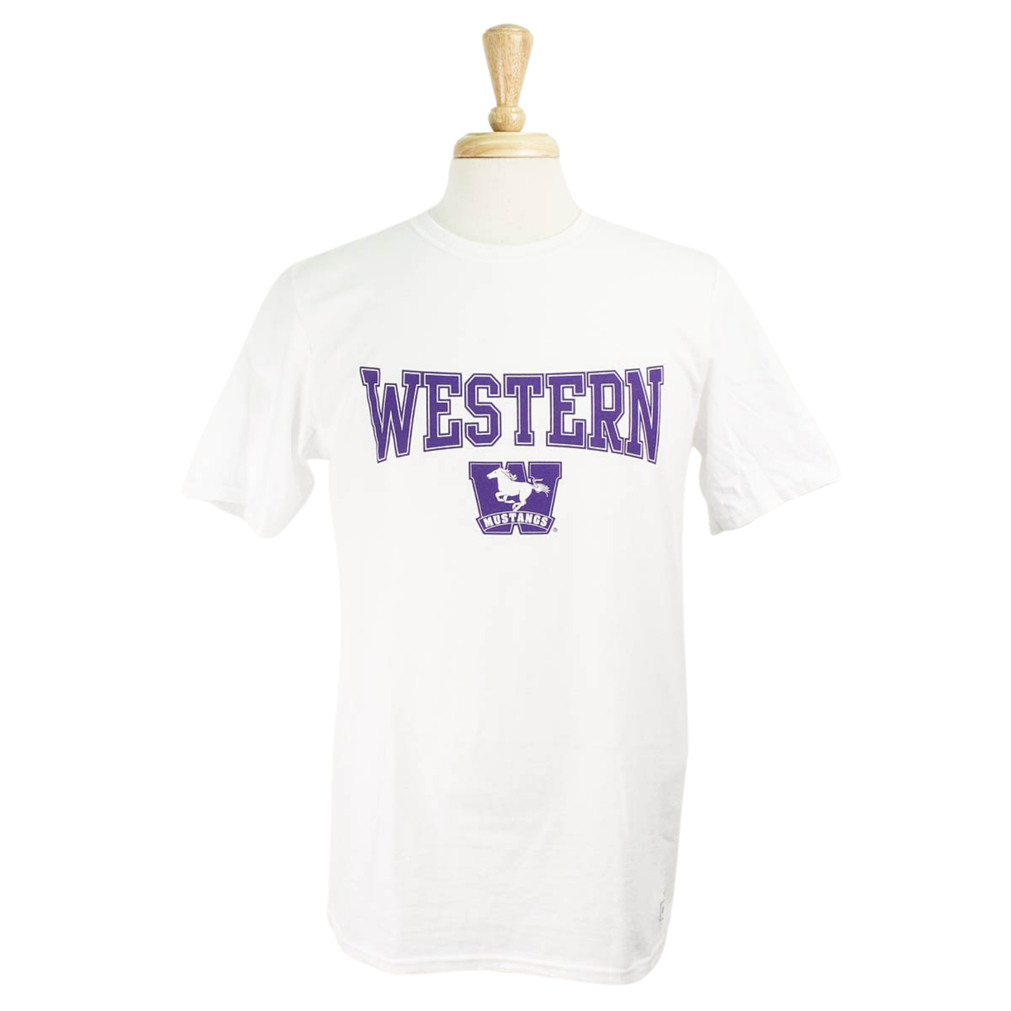 White tee with "Western" and Mustangs logo printed on the front. 