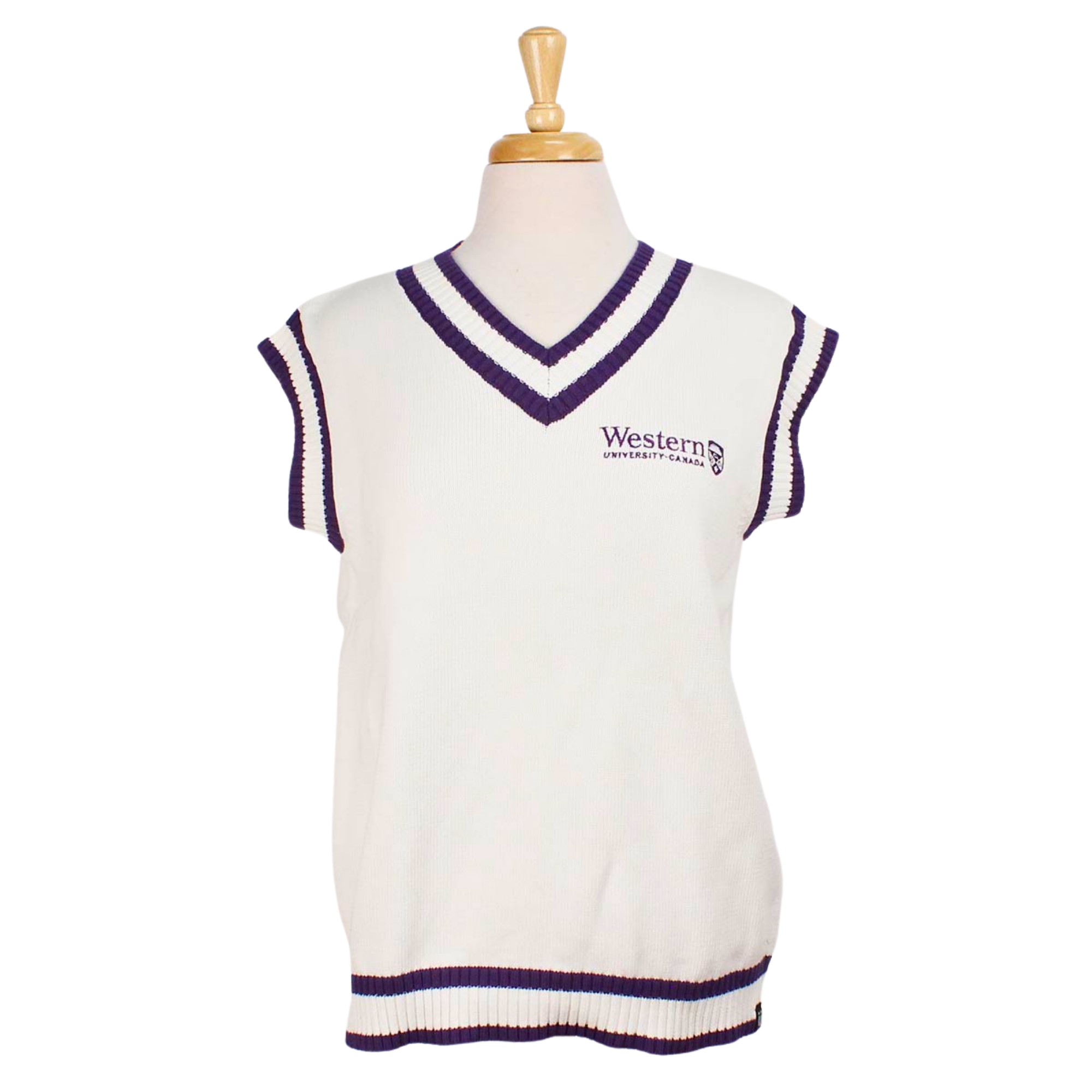 White knit vest with purple stripes. Western University and crest embroidered on the left chest.