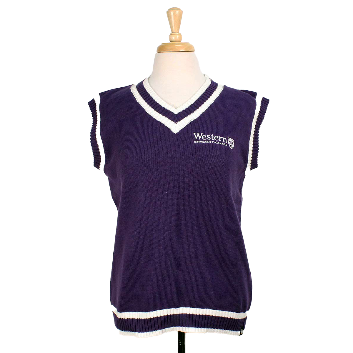Purple vest with white striped accents. Western University and crest embroidered on left chest.