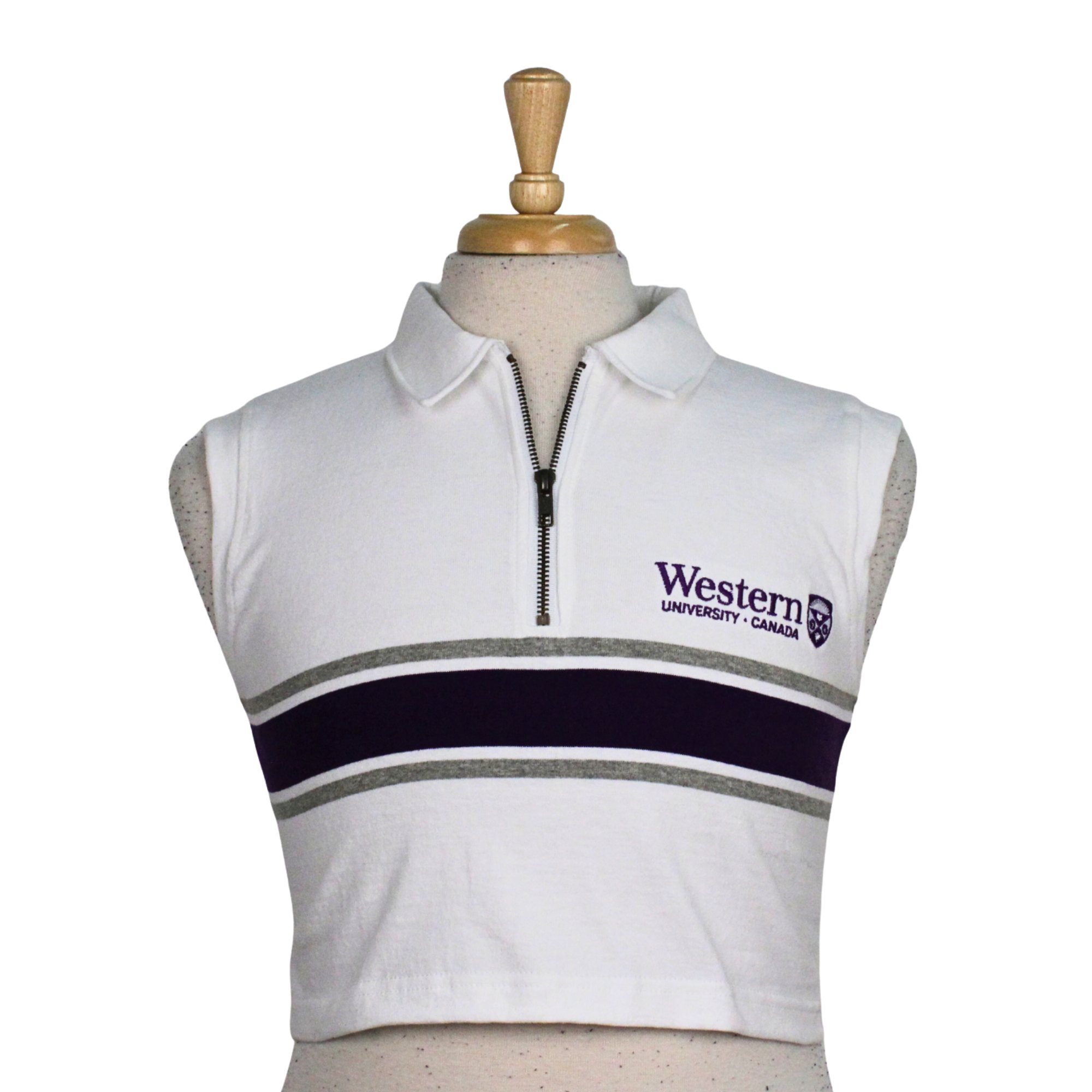 White, purple and grey striped cropped rugby tank top. Western crest on left chest.
